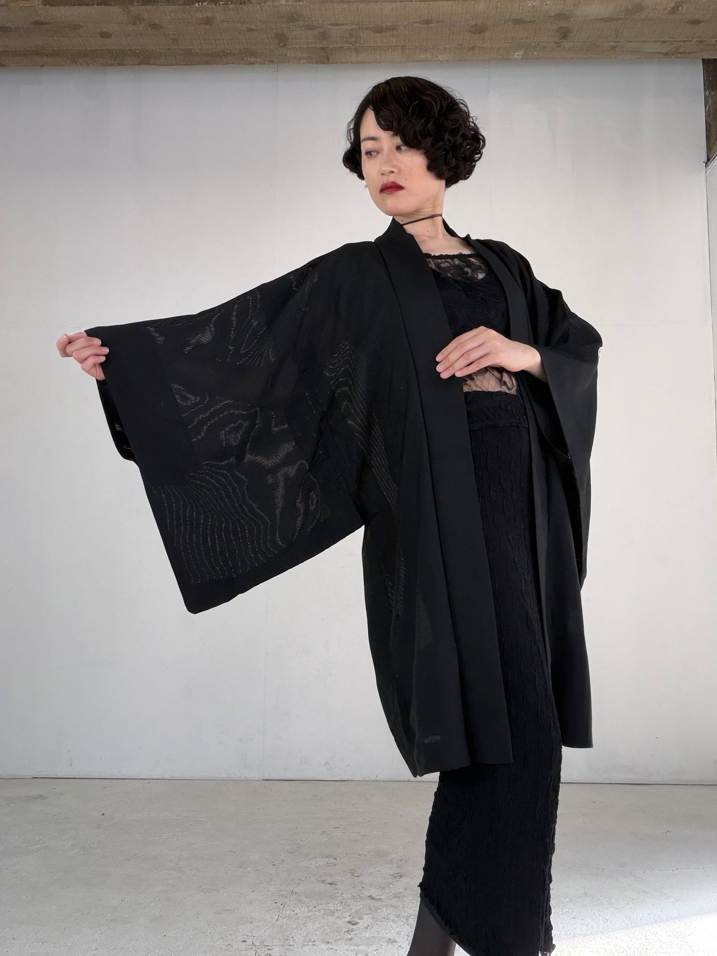 VINTAGE BLACK HAORI SHEER “ro, men's Montsuki, maruni-kuyo, SHH051"