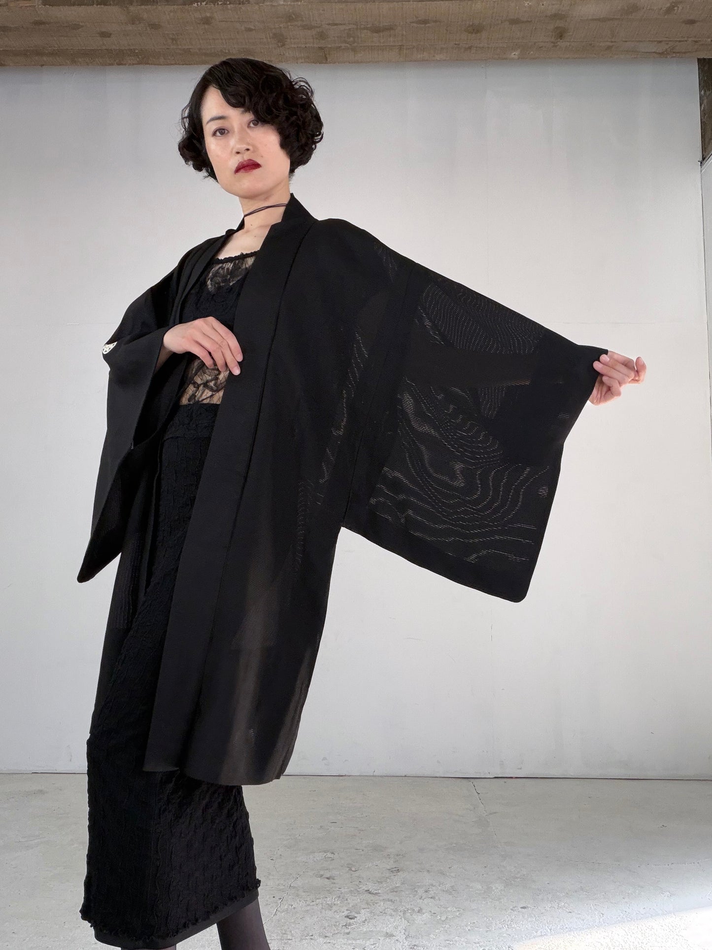 VINTAGE BLACK HAORI SHEER “ro, men's Montsuki, maruni-kuyo, SHH051"