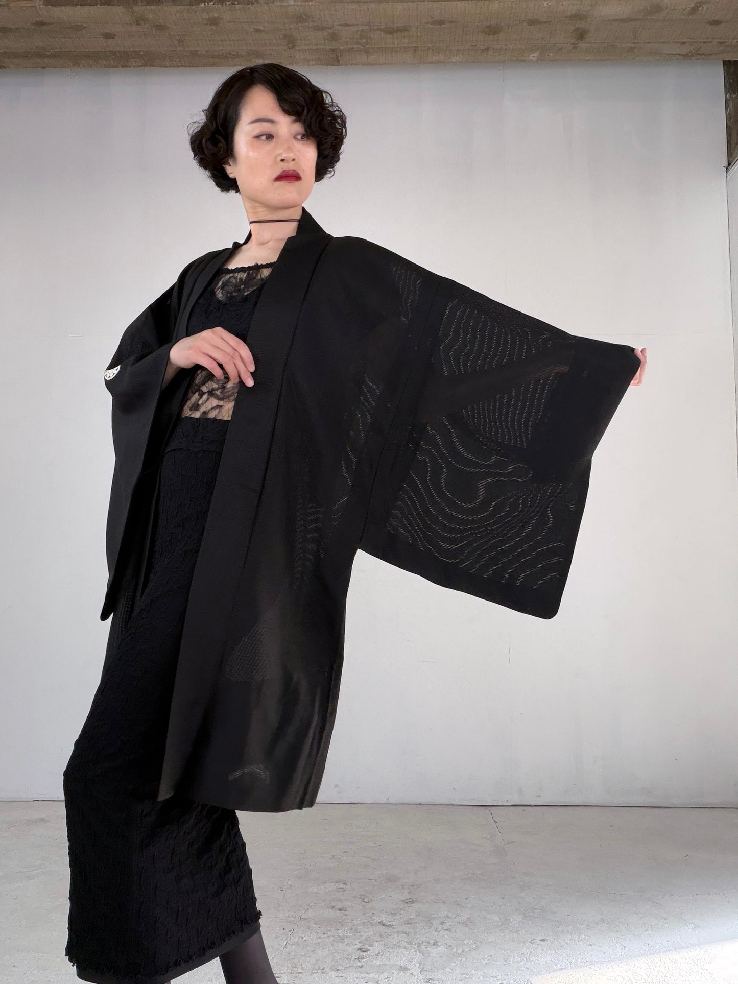 VINTAGE BLACK HAORI SHEER “ro, men's Montsuki, maruni-kuyo, SHH051"