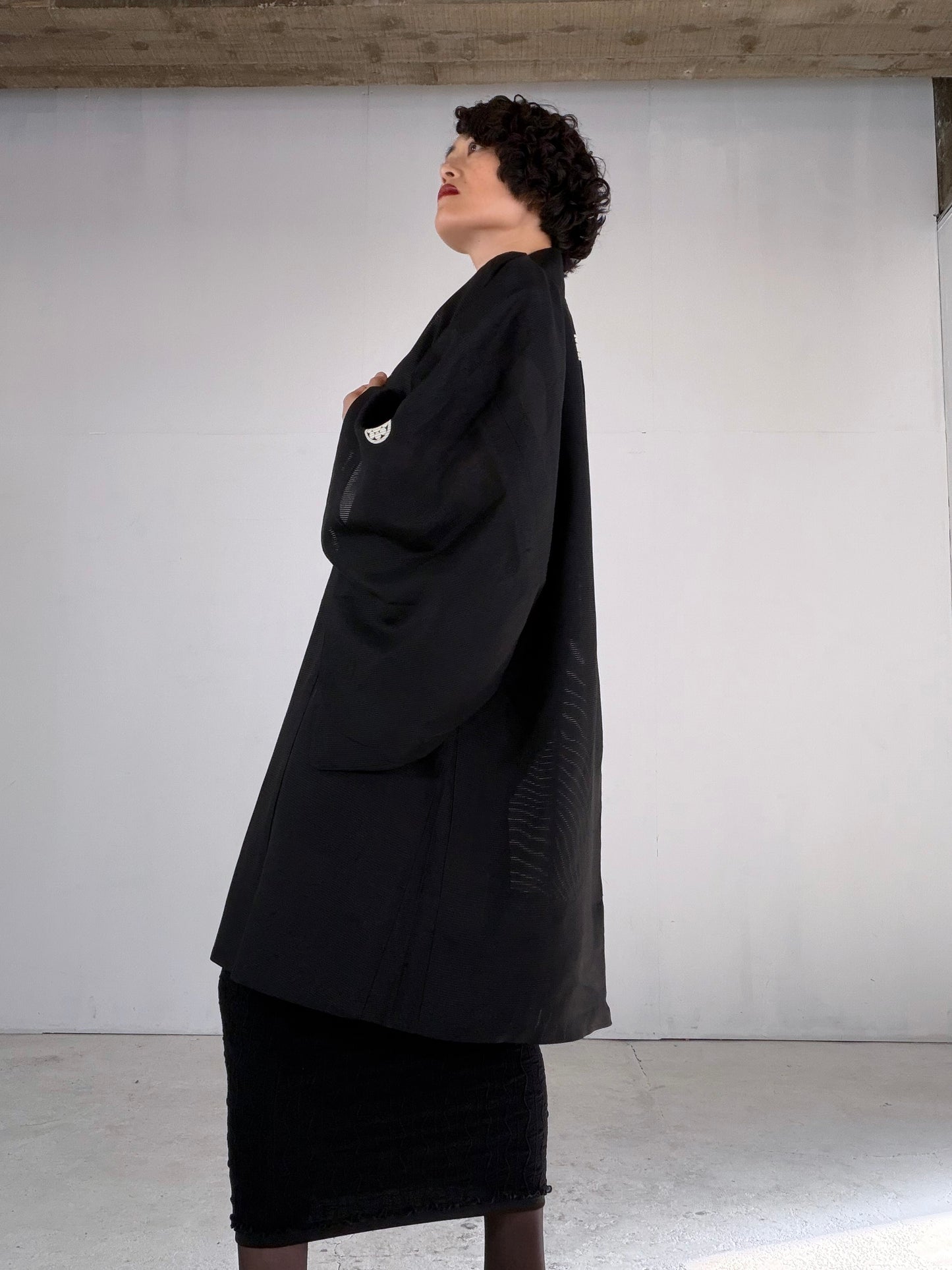 VINTAGE BLACK HAORI SHEER “ro, men's Montsuki, maruni-kuyo, SHH051"