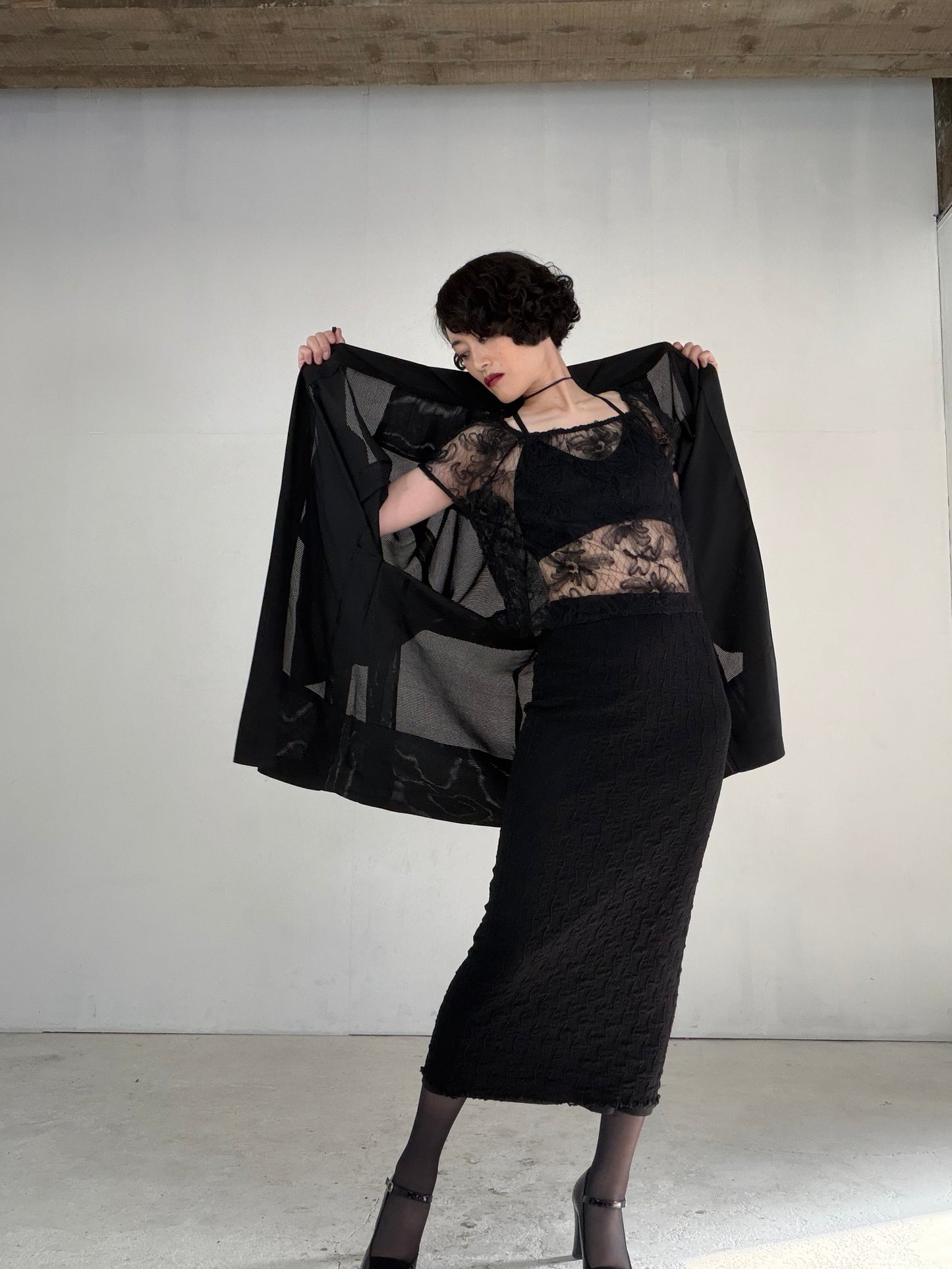 VINTAGE BLACK HAORI SHEER “ro, men's Montsuki, maruni-kuyo, SHH051"