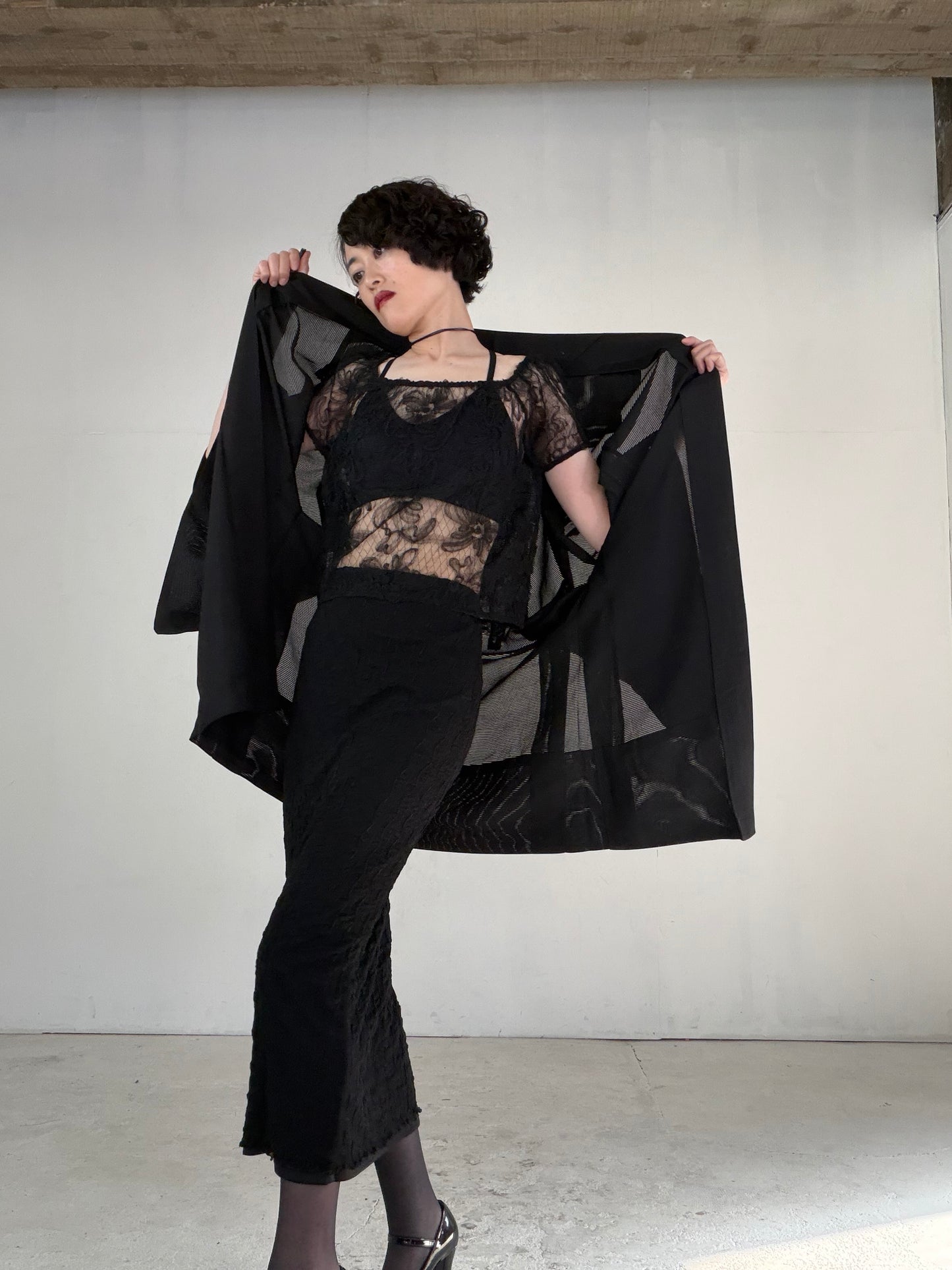 VINTAGE BLACK HAORI SHEER “ro, men's Montsuki, maruni-kuyo, SHH051"