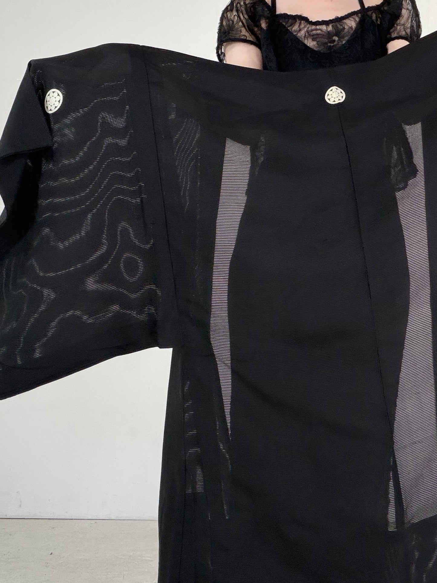 VINTAGE BLACK HAORI SHEER “ro, men's Montsuki, maruni-kuyo, SHH051"