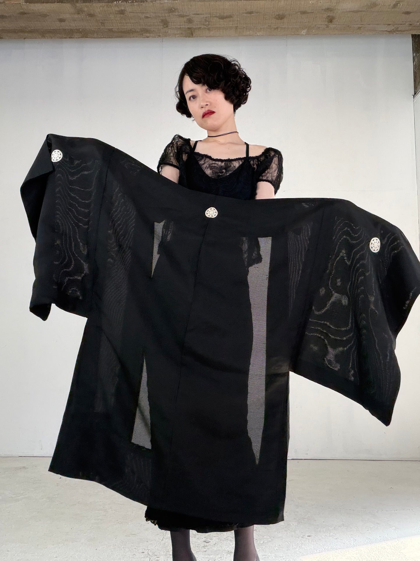 VINTAGE BLACK HAORI SHEER “ro, men's Montsuki, maruni-kuyo, SHH051"