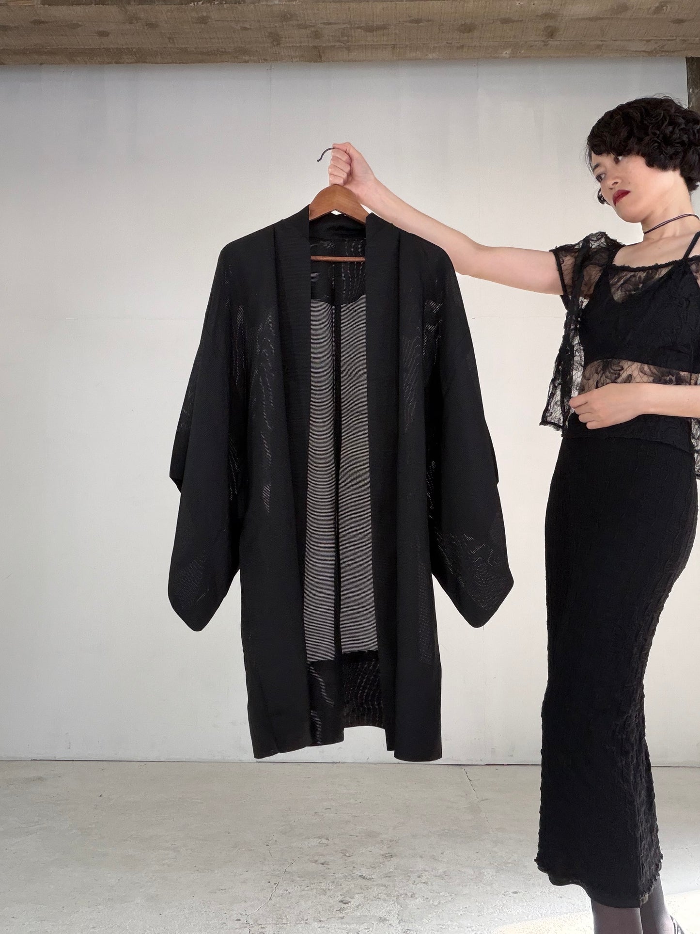 VINTAGE BLACK HAORI SHEER “ro, men's Montsuki, maruni-kuyo, SHH051"