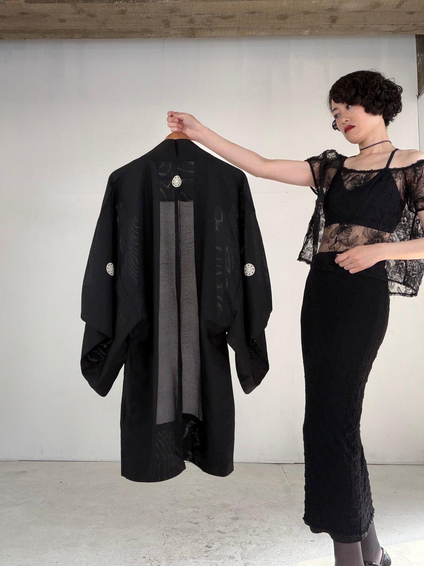VINTAGE BLACK HAORI SHEER “ro, men's Montsuki, maruni-kuyo, SHH051"