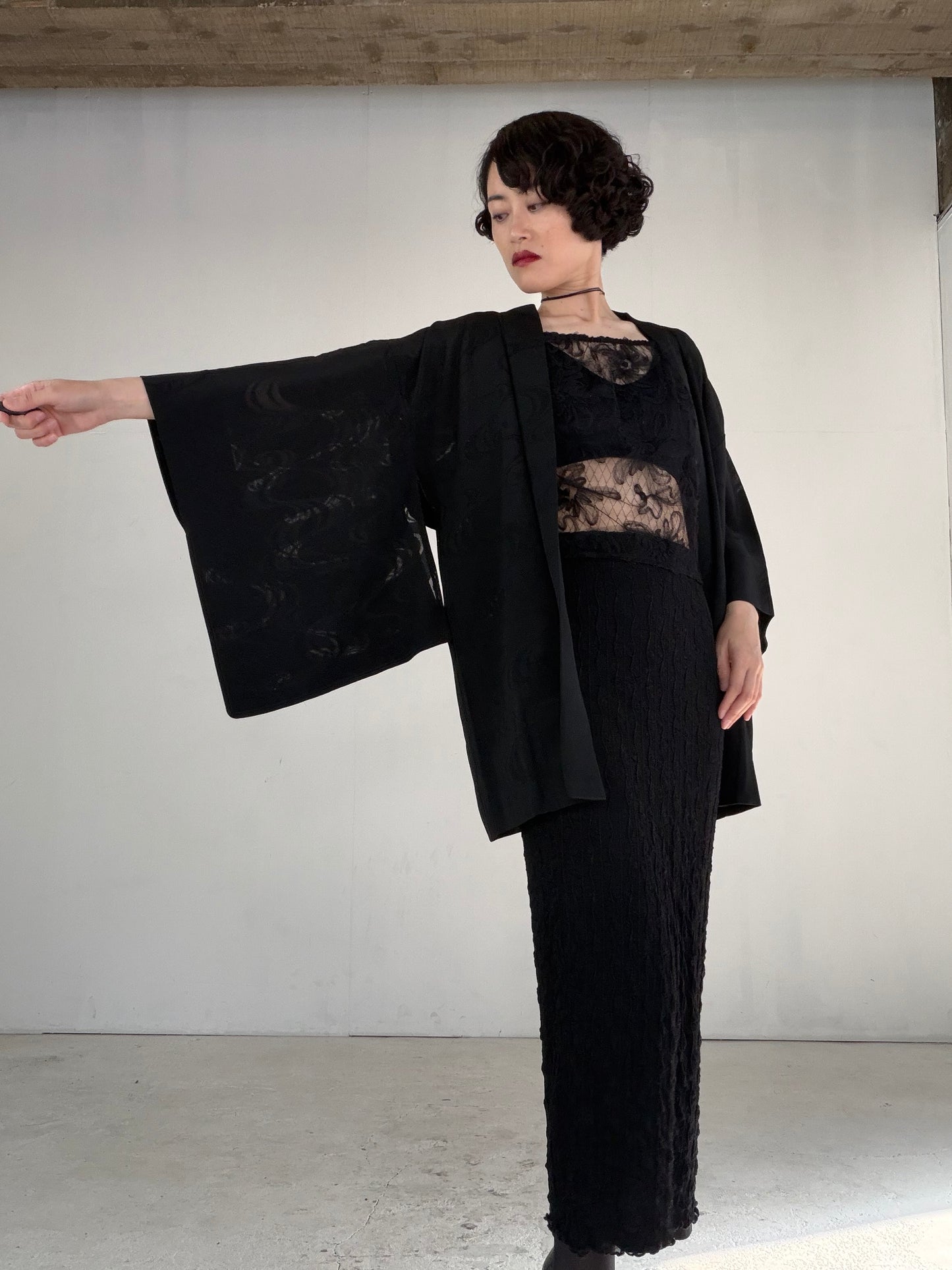 VINTAGE BLACK HAORI SHEER “ro, nami, gosan-no-kiri, SHH041"