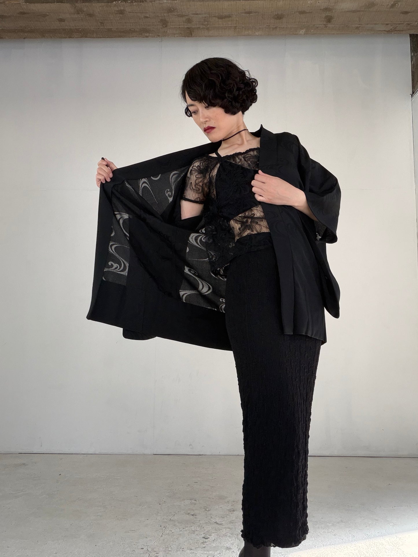VINTAGE BLACK HAORI SHEER “ro, nami, gosan-no-kiri, SHH041"