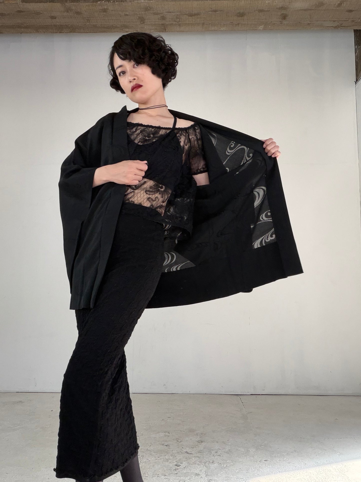 VINTAGE BLACK HAORI SHEER “ro, nami, gosan-no-kiri, SHH041"