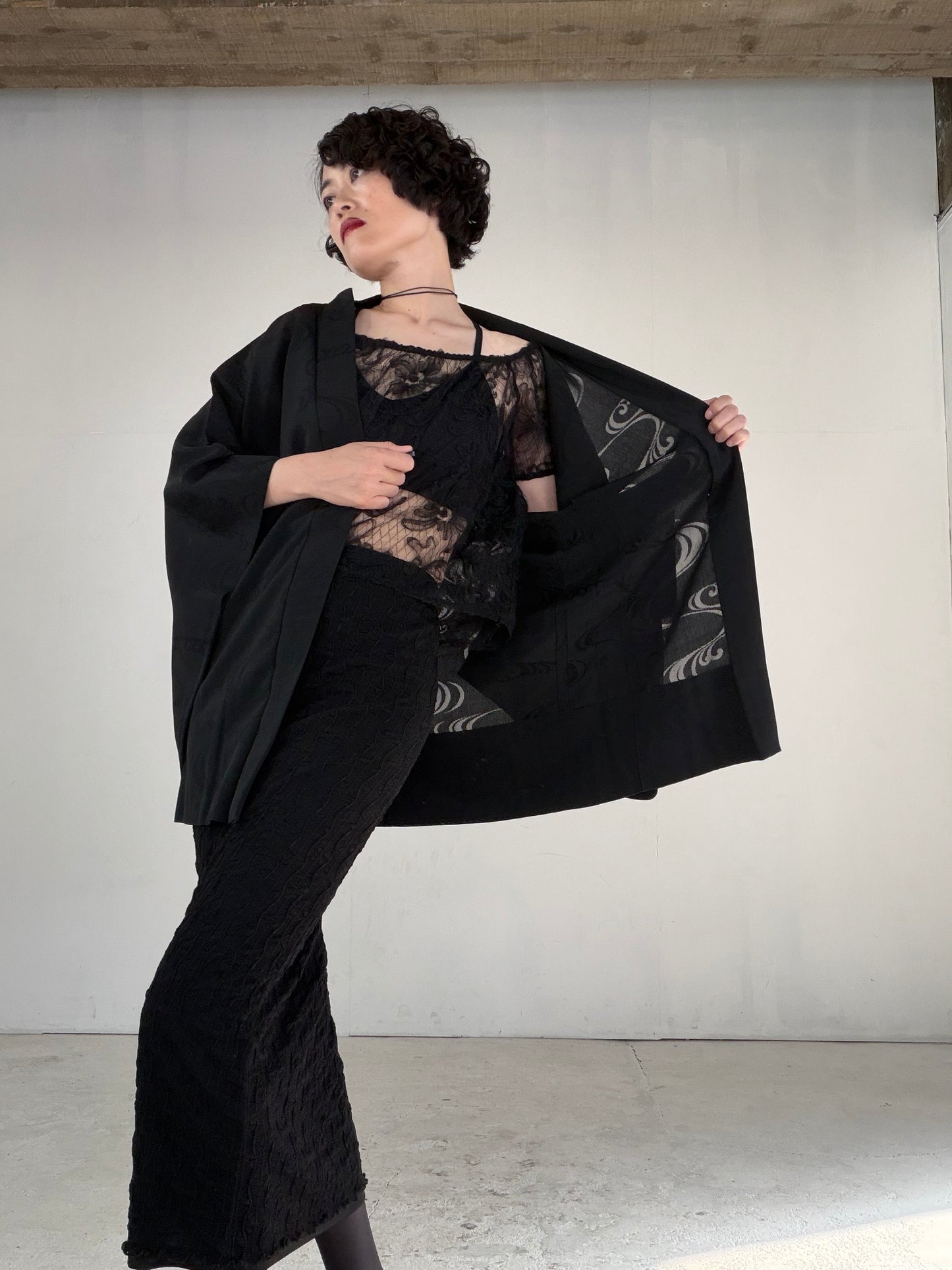 VINTAGE BLACK HAORI SHEER “ro, nami, gosan-no-kiri, SHH041"