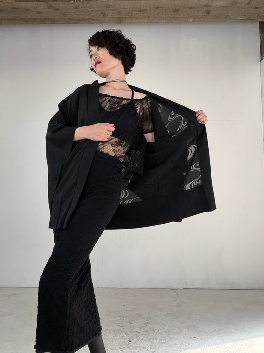 VINTAGE BLACK HAORI SHEER “ro, nami, gosan-no-kiri, SHH041"