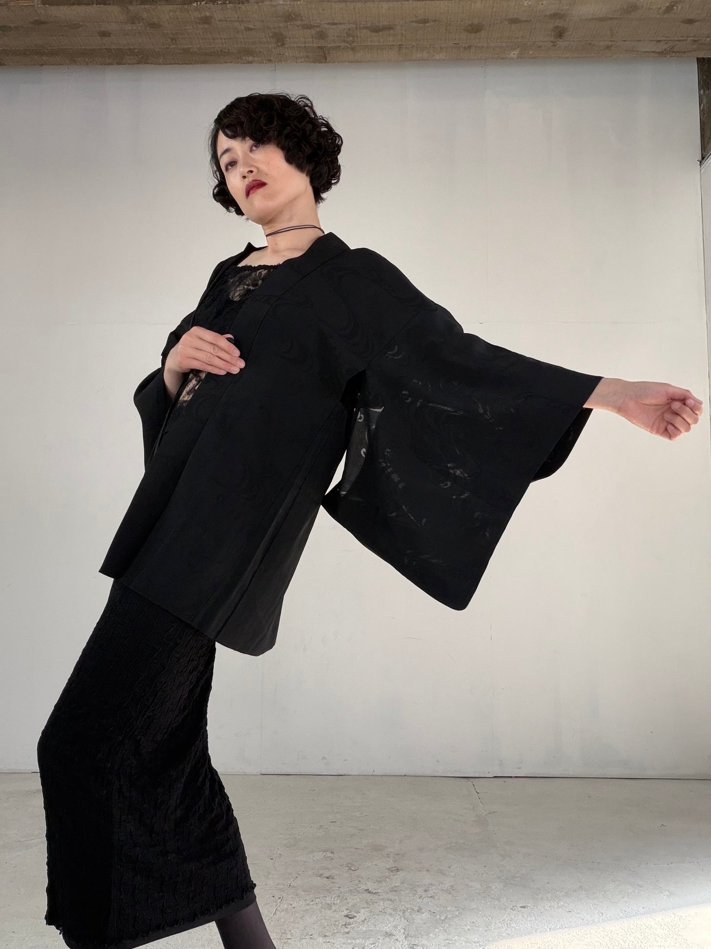VINTAGE BLACK HAORI SHEER “ro, nami, gosan-no-kiri, SHH041"