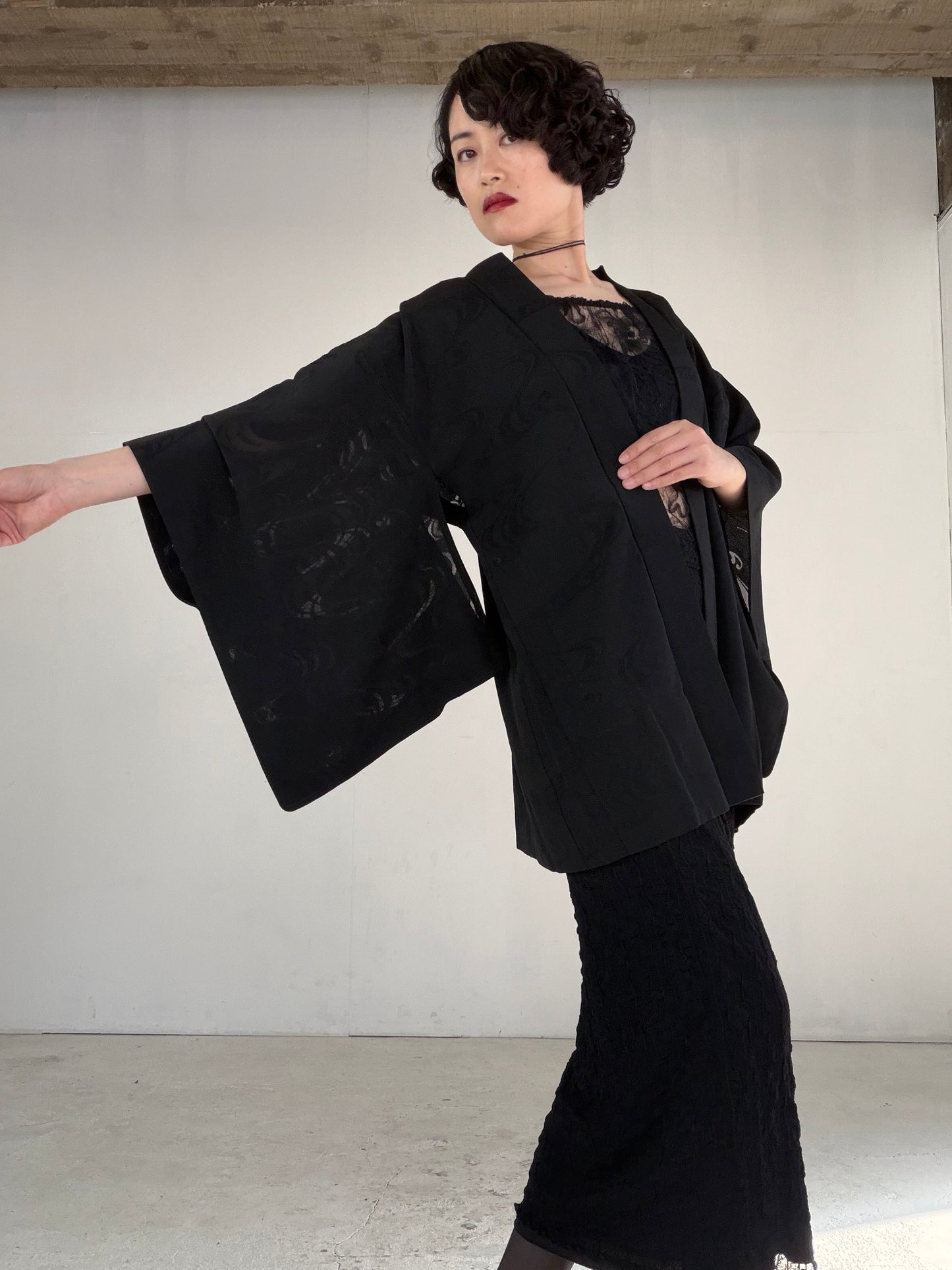 VINTAGE BLACK HAORI SHEER “ro, nami, gosan-no-kiri, SHH041"