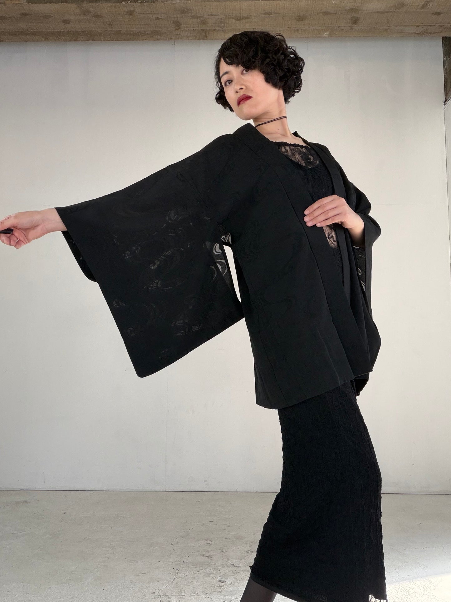 VINTAGE BLACK HAORI SHEER “ro, nami, gosan-no-kiri, SHH041"