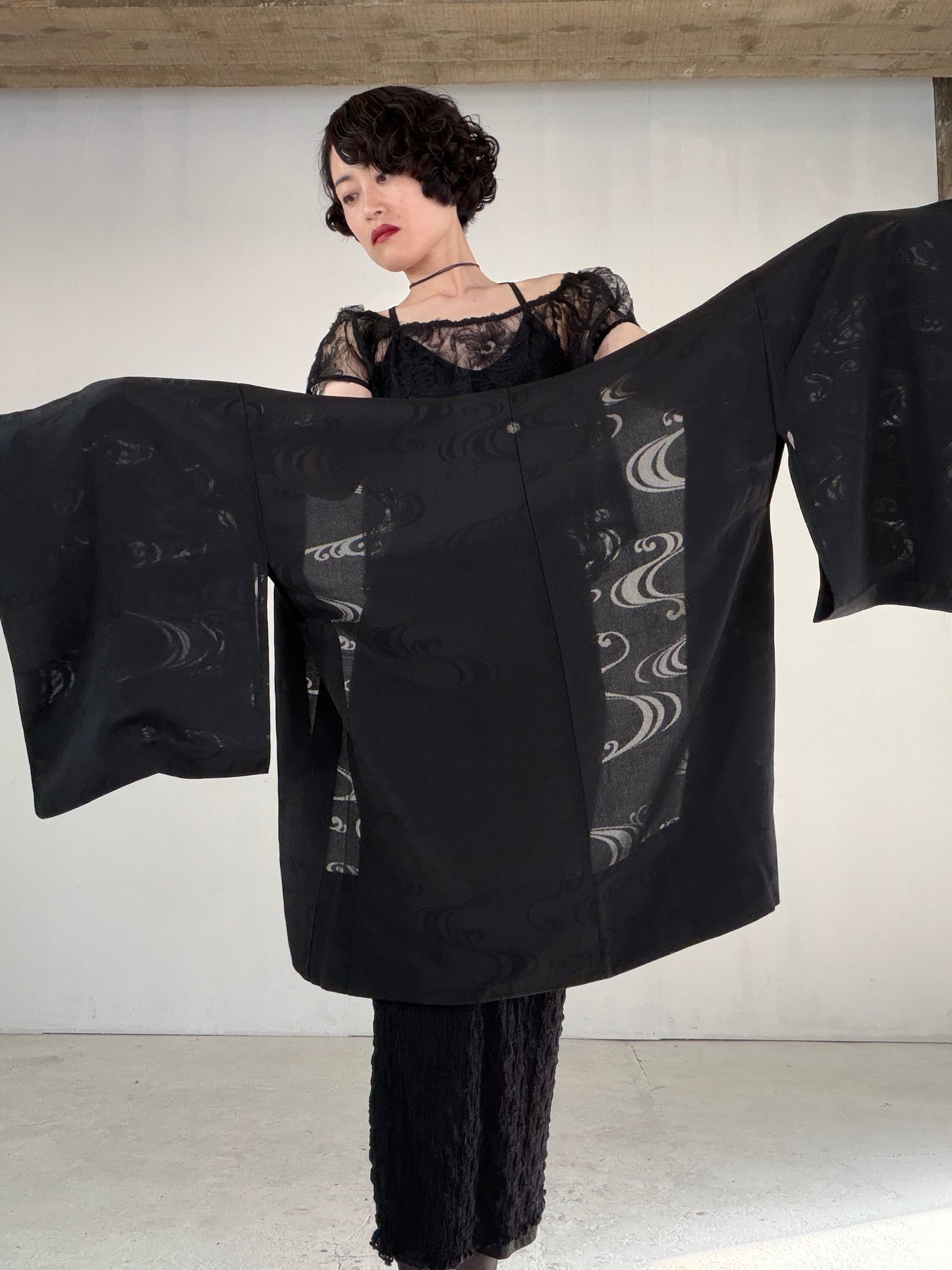 VINTAGE BLACK HAORI SHEER “ro, nami, gosan-no-kiri, SHH041"