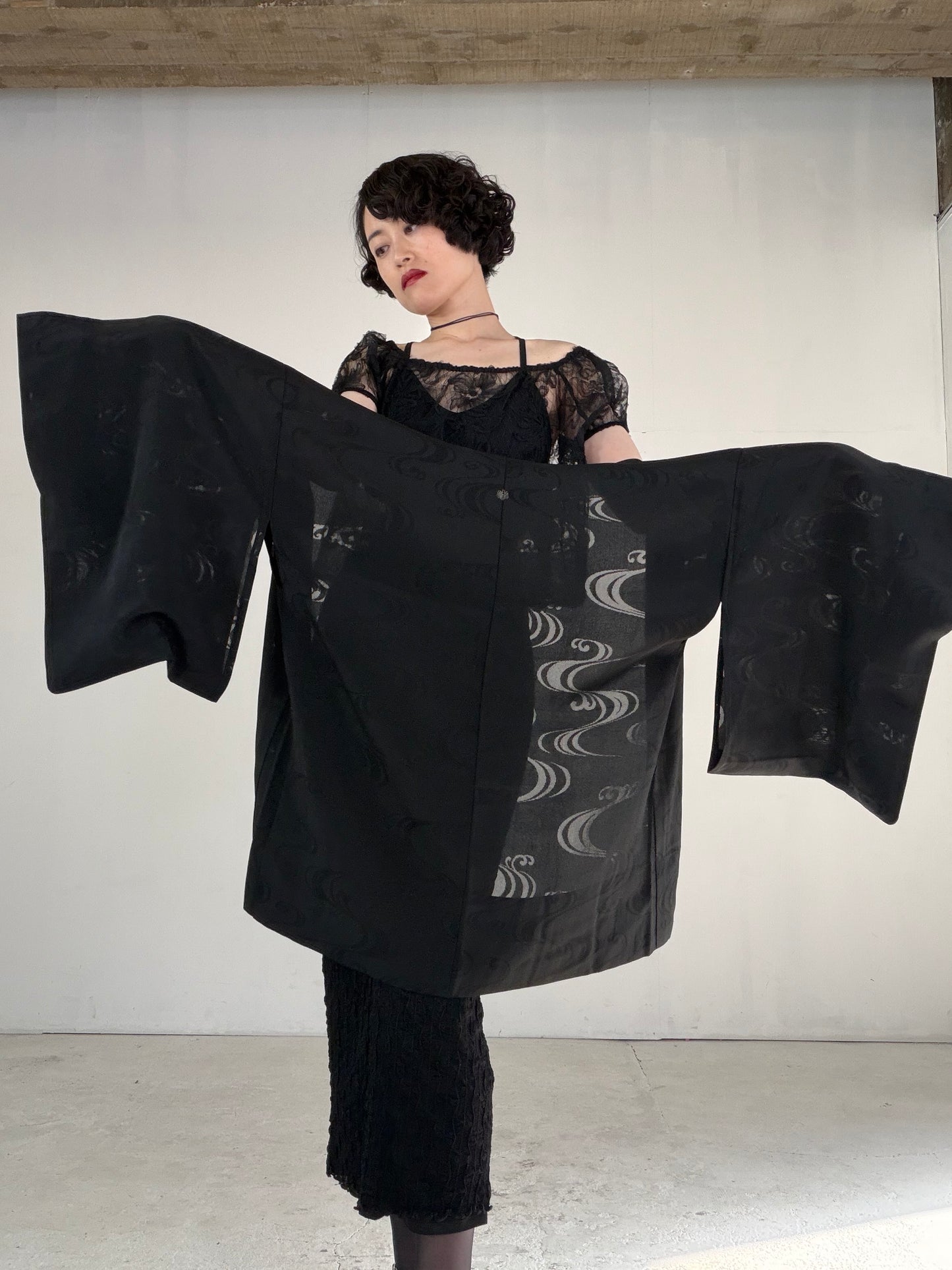 VINTAGE BLACK HAORI SHEER “ro, nami, gosan-no-kiri, SHH041"