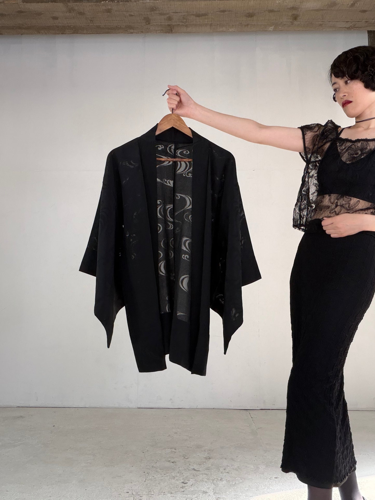 VINTAGE BLACK HAORI SHEER “ro, nami, gosan-no-kiri, SHH041"