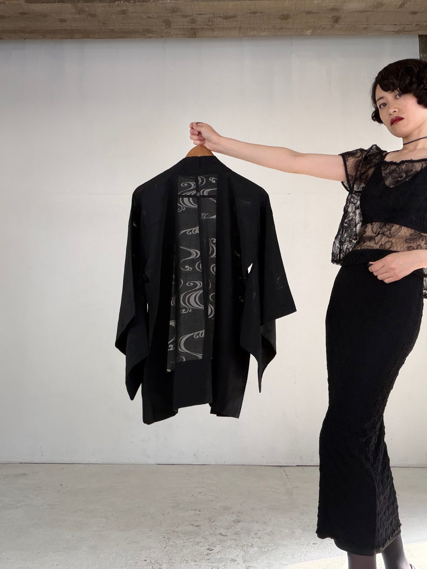 VINTAGE BLACK HAORI SHEER “ro, nami, gosan-no-kiri, SHH041"
