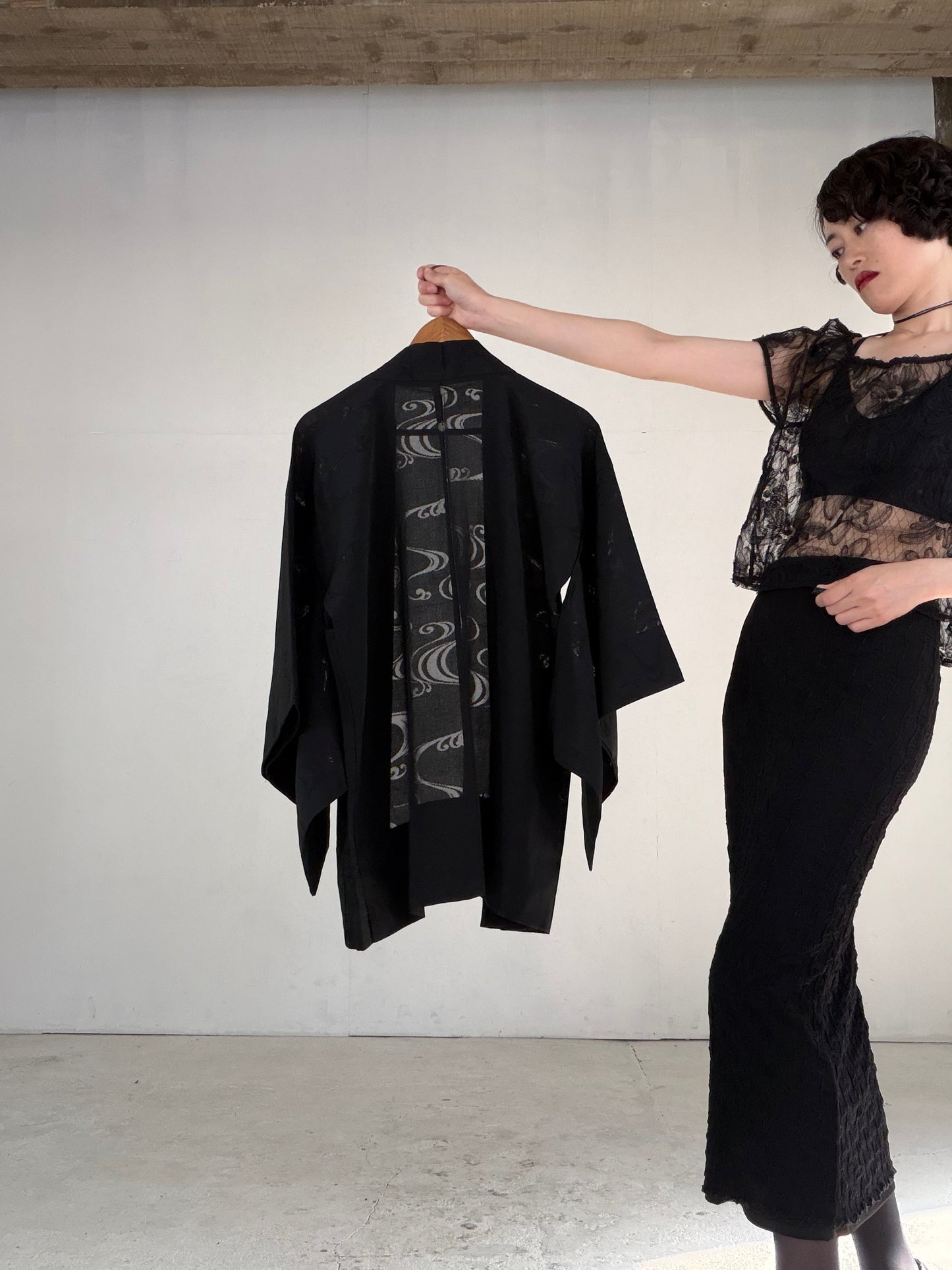 VINTAGE BLACK HAORI SHEER “ro, nami, gosan-no-kiri, SHH041"