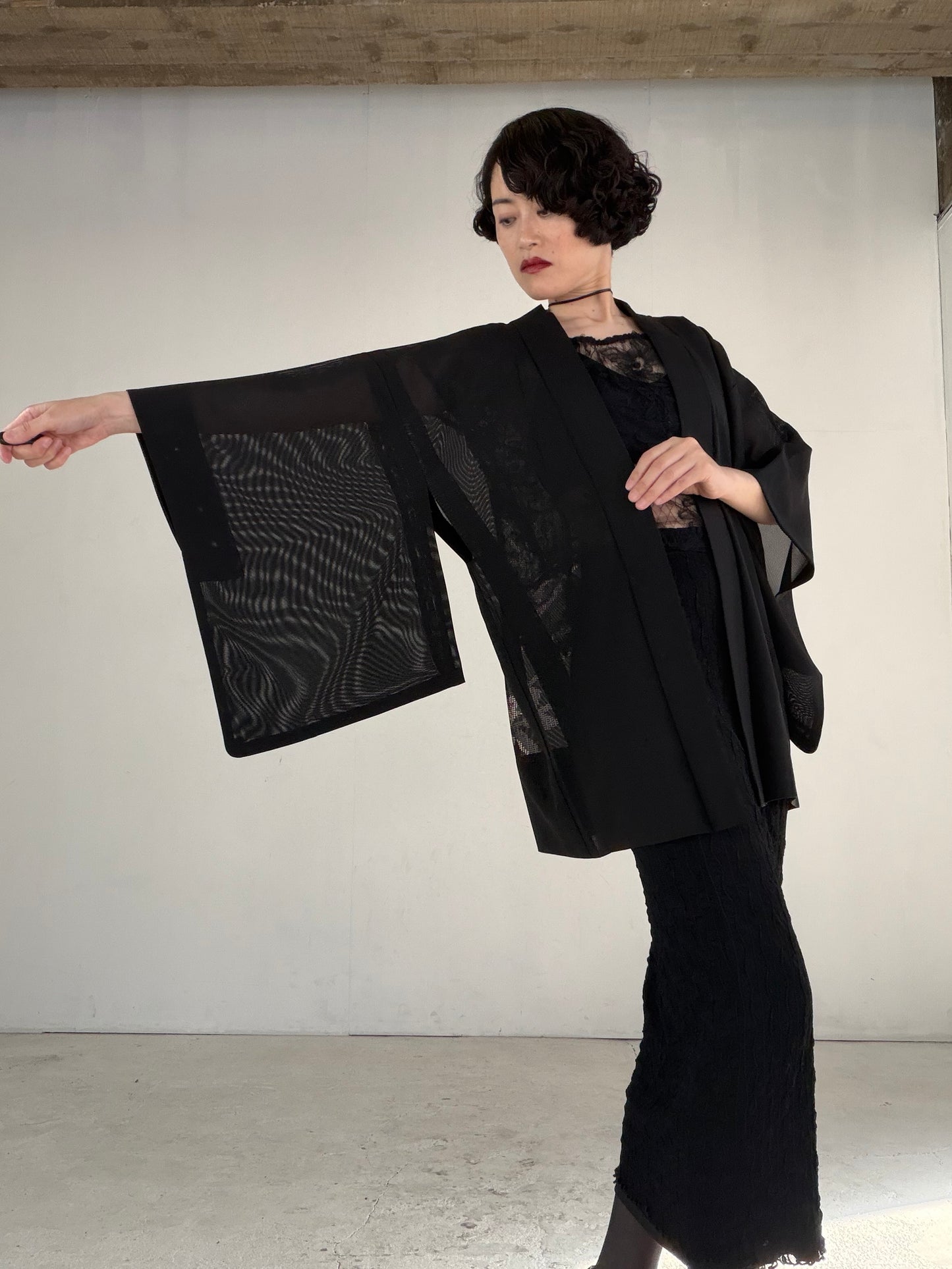 VINTAGE BLACK HAORI SHEER “ro, haba, tsutakamon, SHH043" *damage