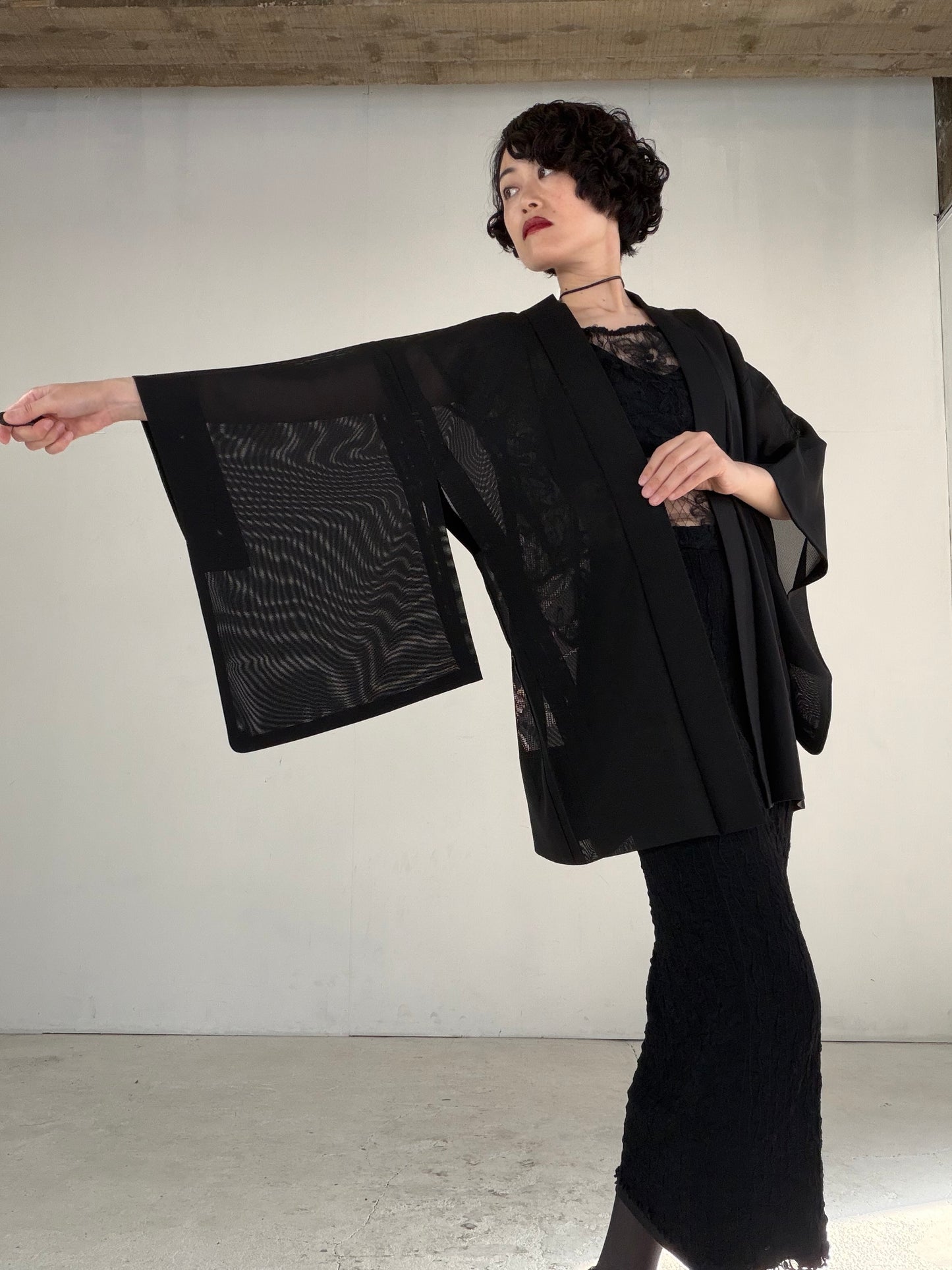 VINTAGE BLACK HAORI SHEER “ro, haba, tsutakamon, SHH043" *damage