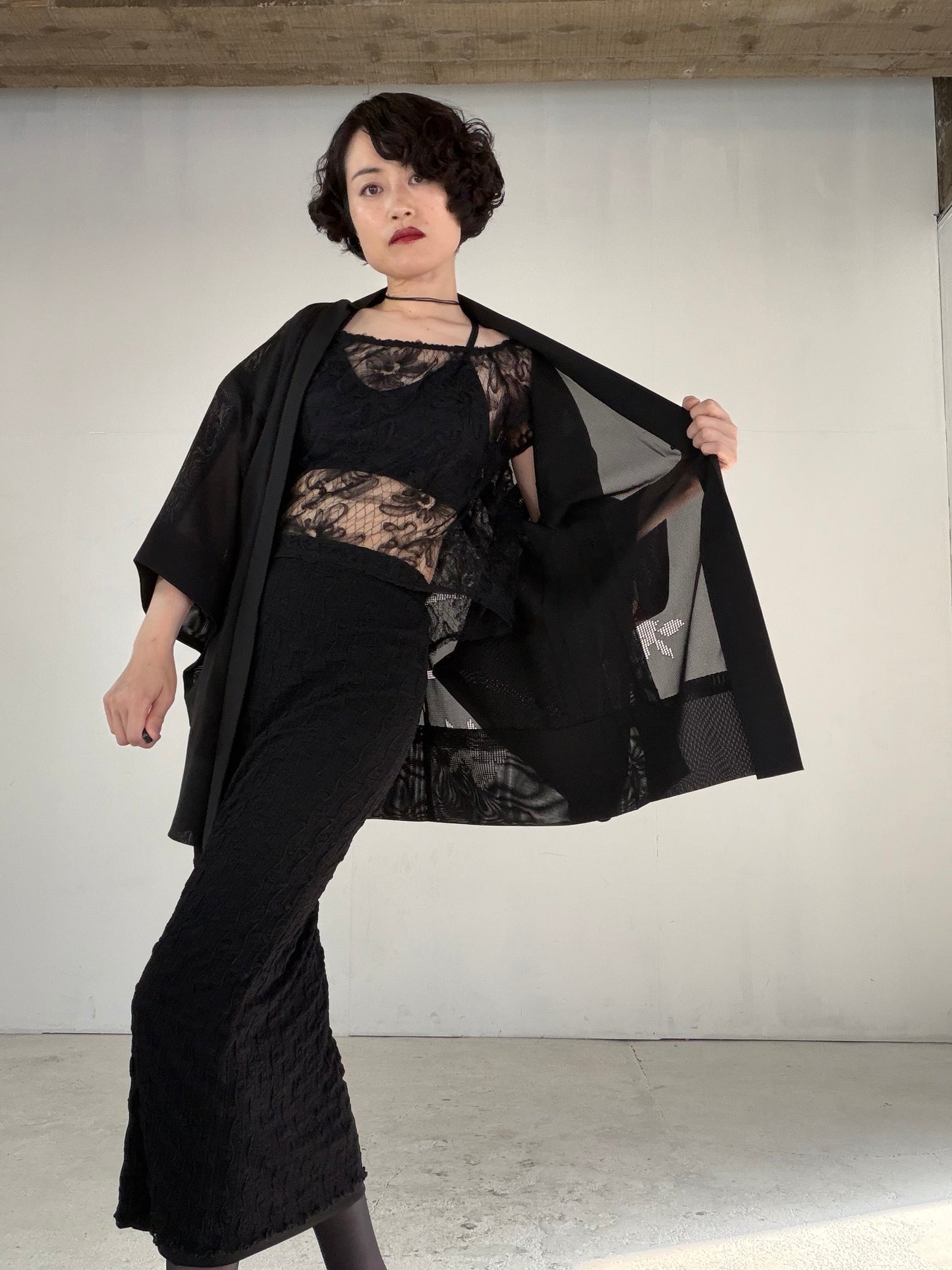 VINTAGE BLACK HAORI SHEER “ro, haba, tsutakamon, SHH043" *damage