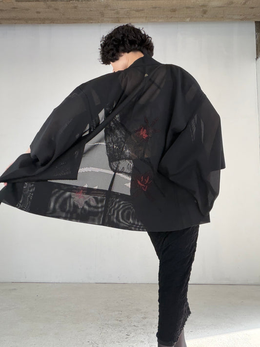 VINTAGE BLACK HAORI SHEER “ro, haba, tsutakamon, SHH043" *damage