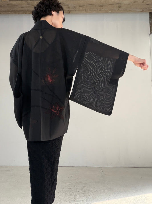 VINTAGE BLACK HAORI SHEER “ro, haba, tsutakamon, SHH043" *damage