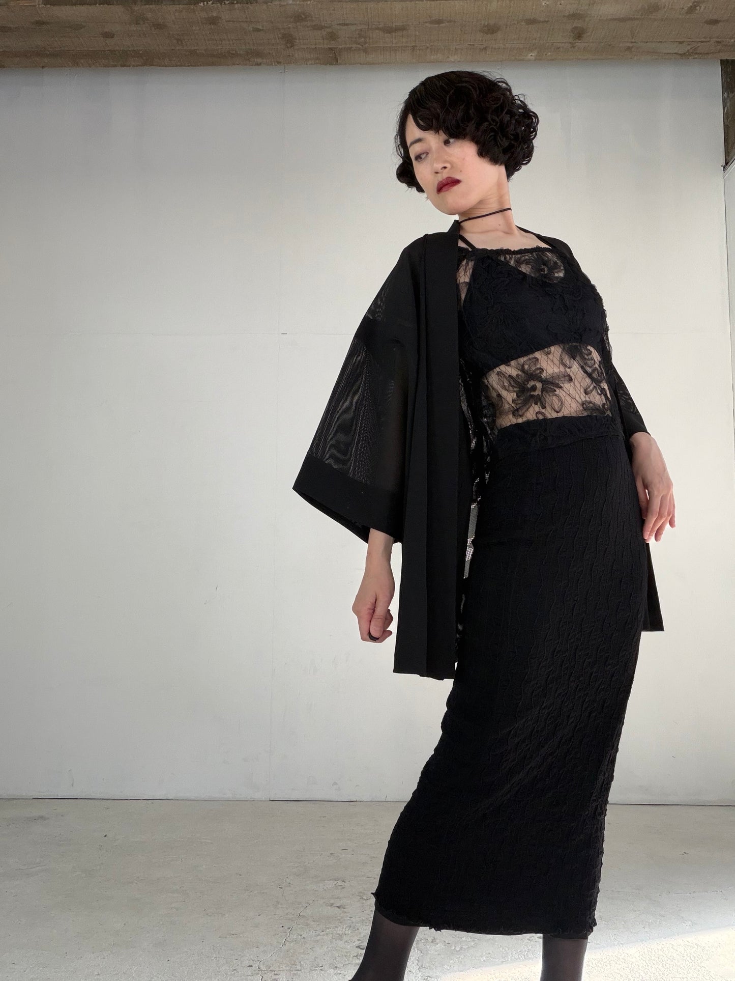 VINTAGE BLACK HAORI SHEER “ro, haba, tsutakamon, SHH043" *damage