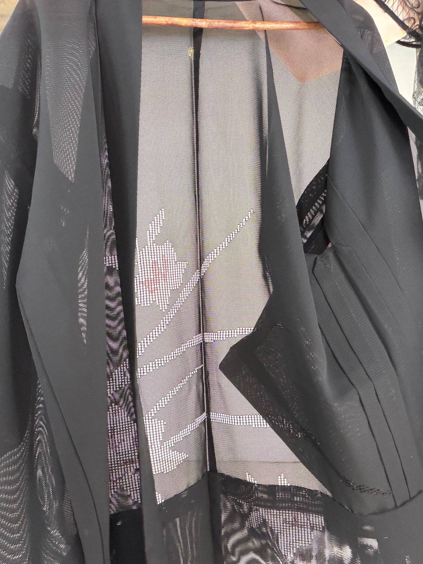 VINTAGE BLACK HAORI SHEER “ro, haba, tsutakamon, SHH043" *damage
