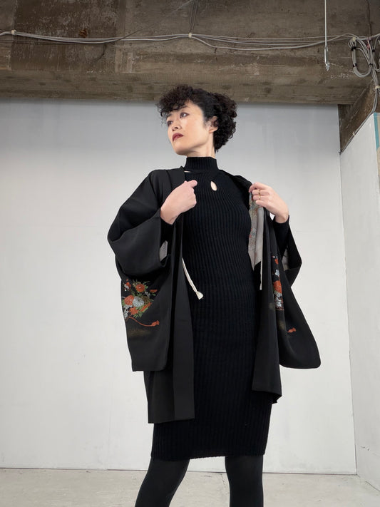 VINTAGE BLACK HAORI  BLK111" *damage