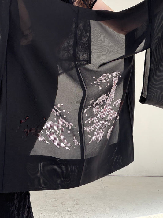 VINTAGE BLACK HAORI SHEER “ro, red-nami, SHH045"