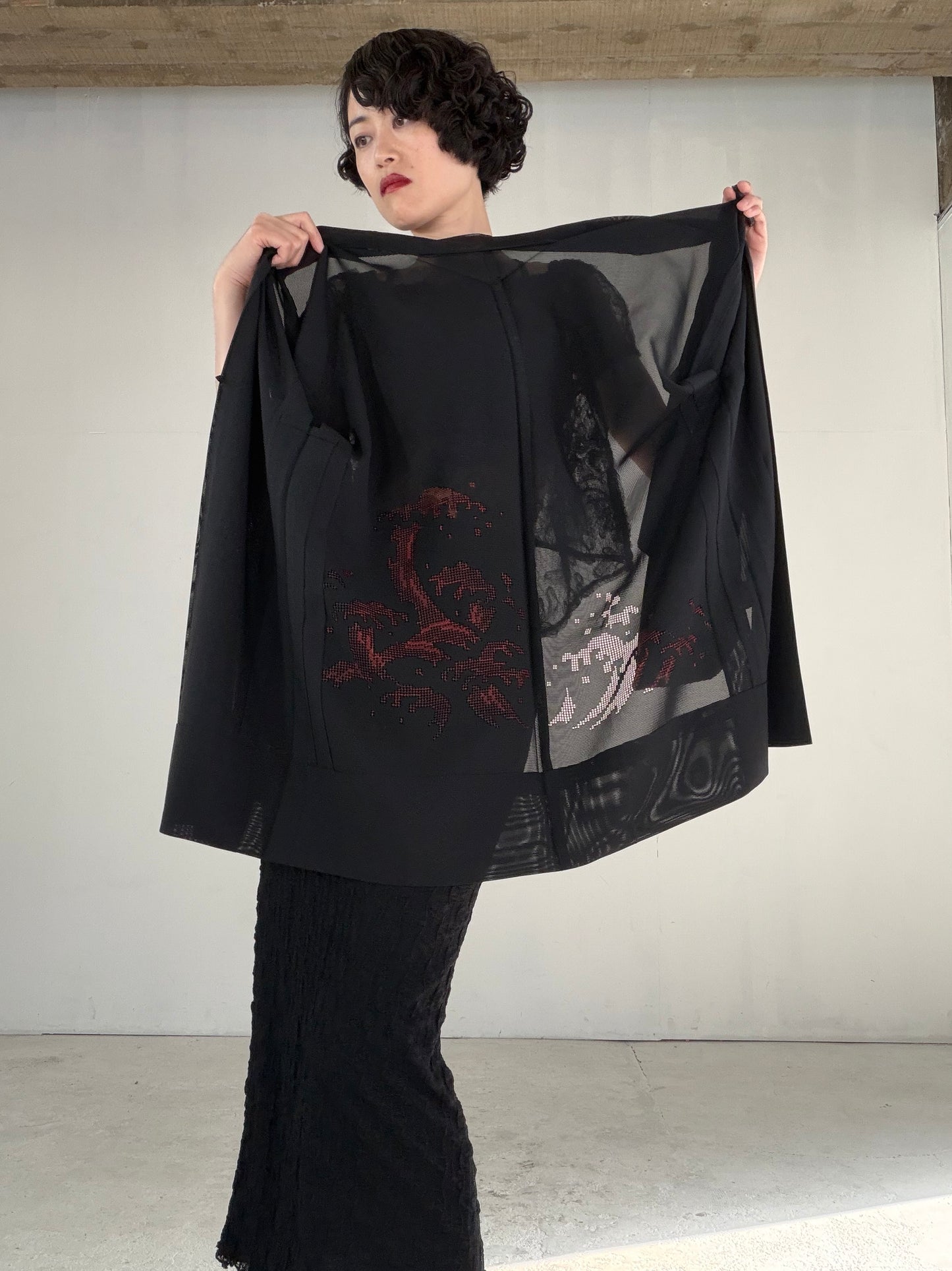 VINTAGE BLACK HAORI SHEER “ro, red-nami, SHH045"