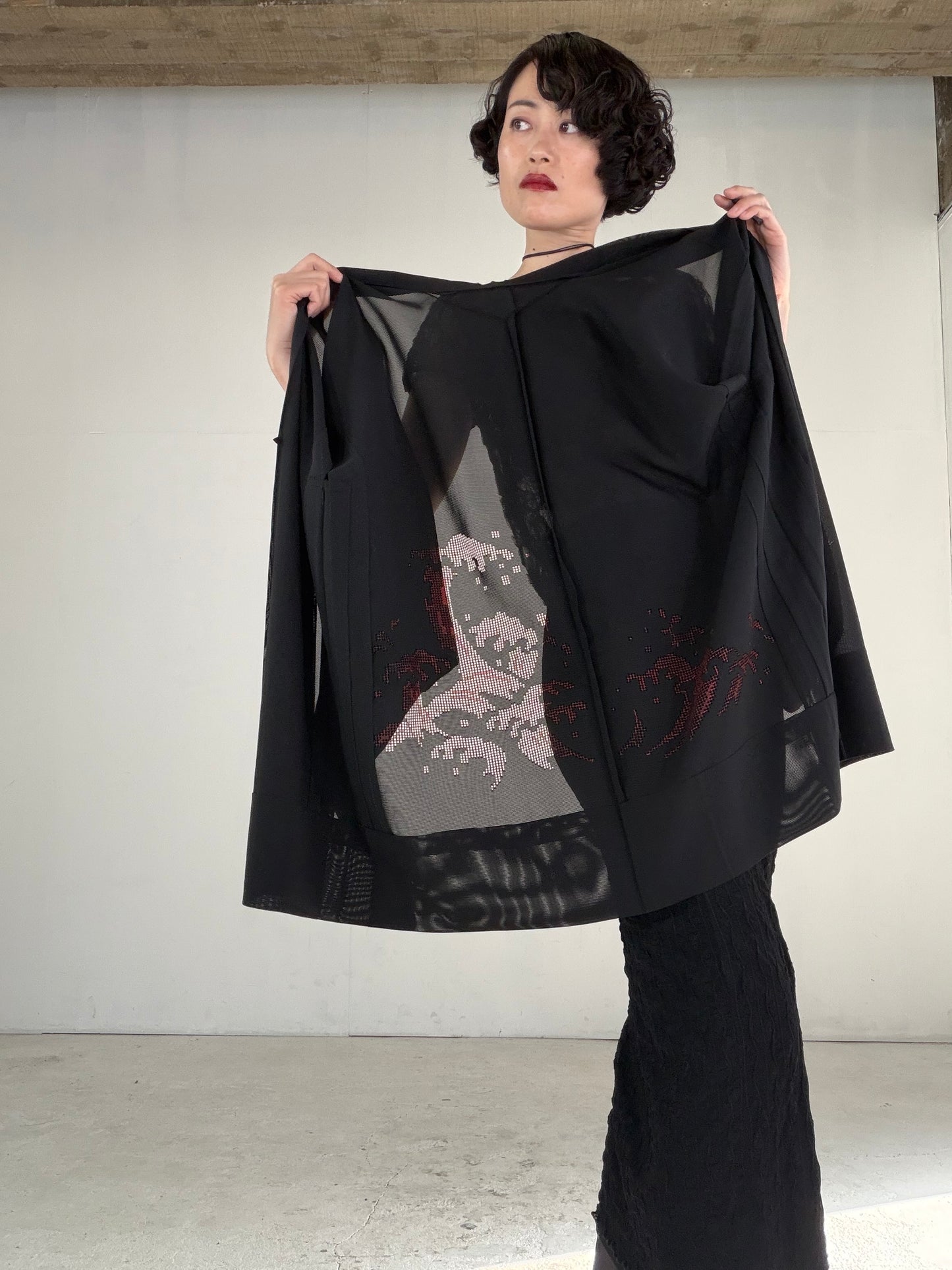 VINTAGE BLACK HAORI SHEER “ro, red-nami, SHH045"