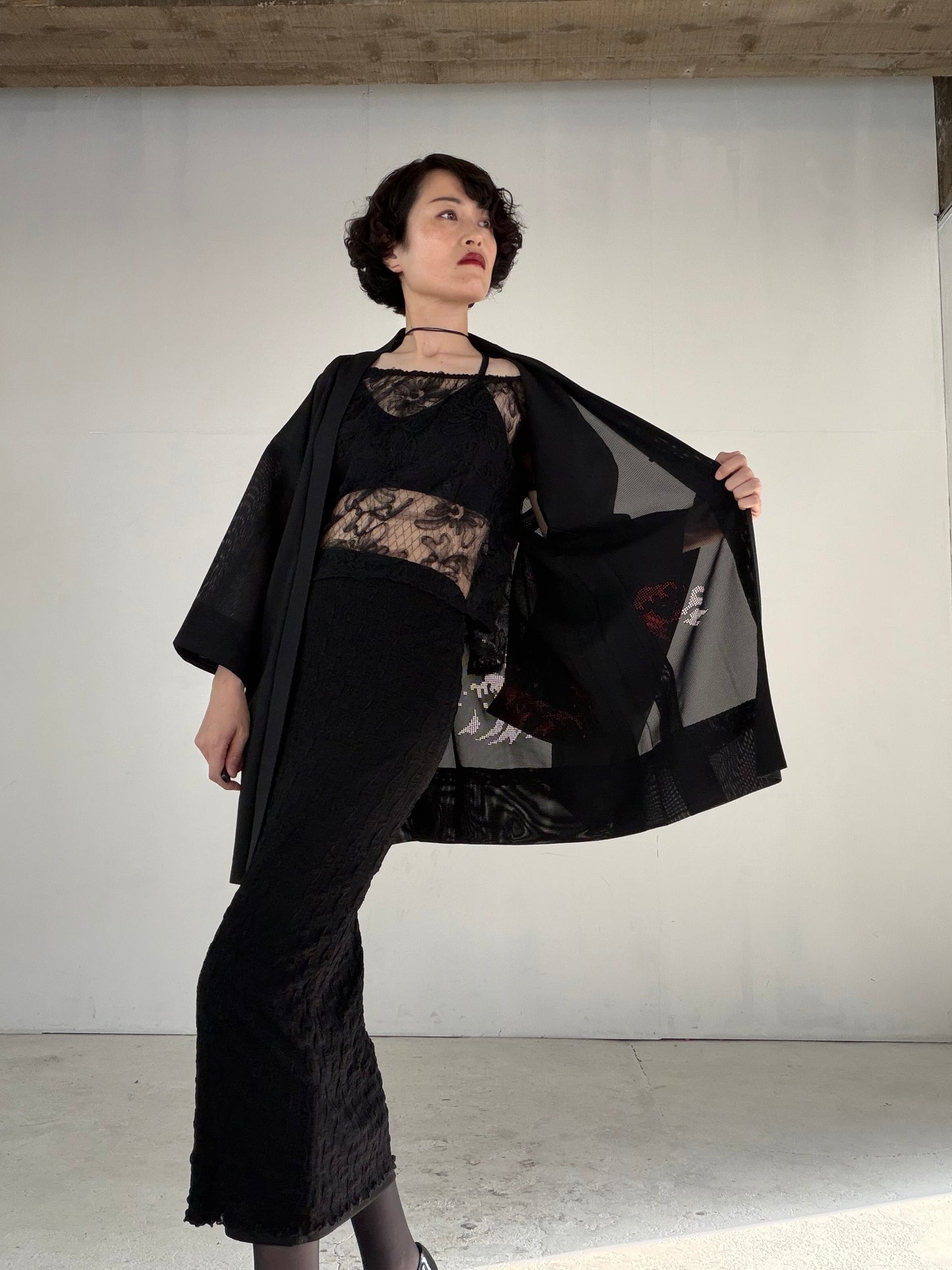 VINTAGE BLACK HAORI SHEER “ro, red-nami, SHH045"