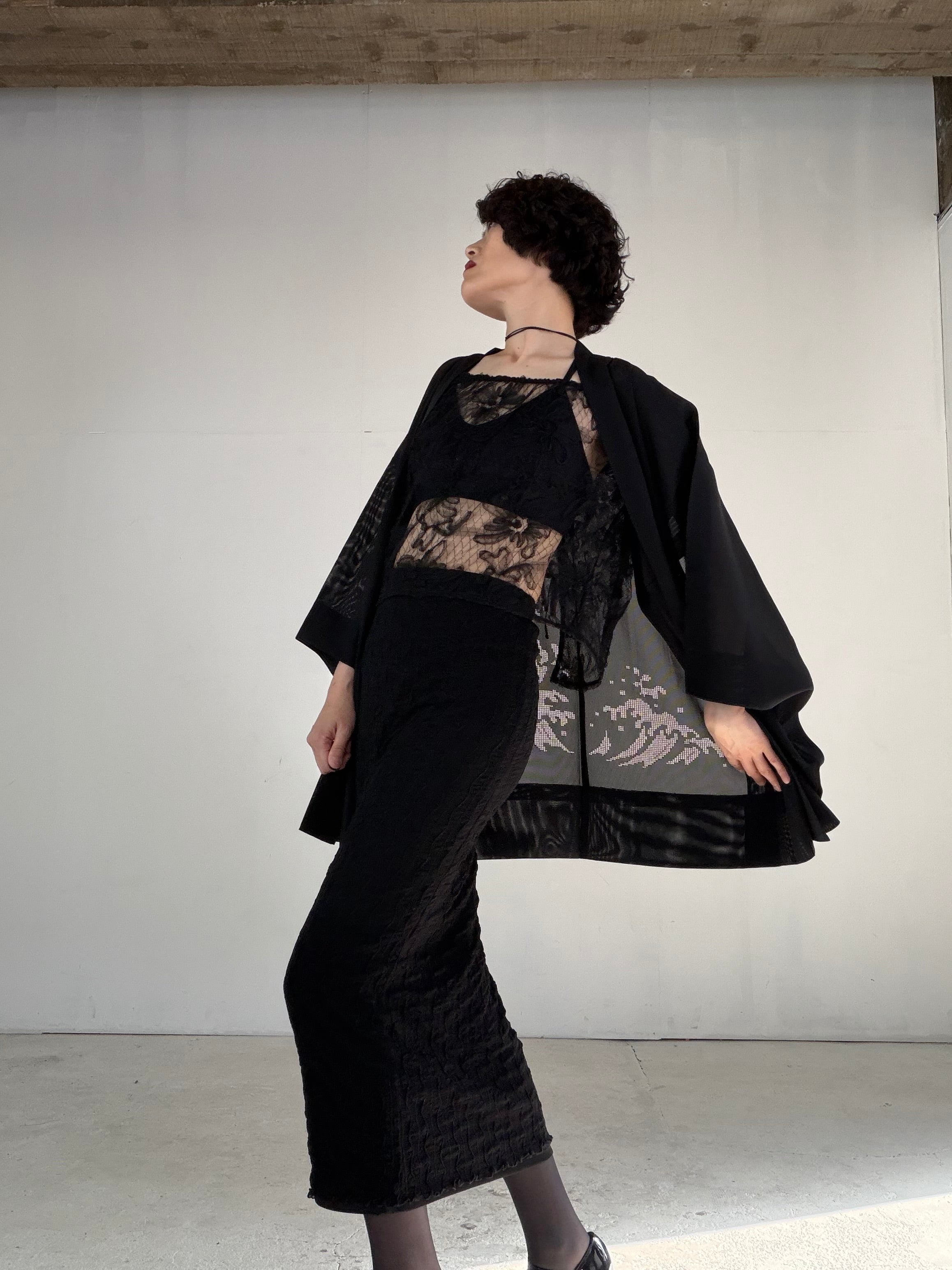VINTAGE BLACK HAORI SHEER “ro, red-nami, SHH045