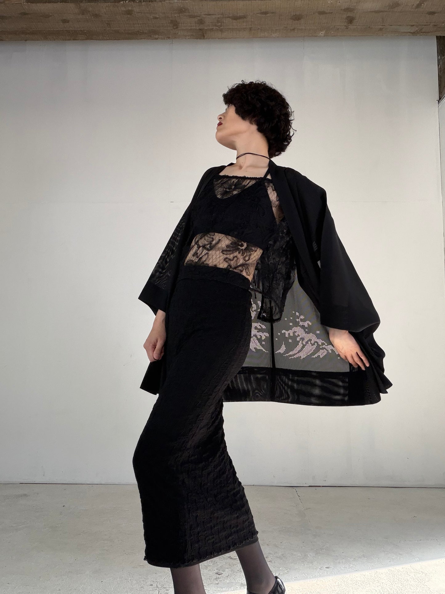 VINTAGE BLACK HAORI SHEER “ro, red-nami, SHH045"