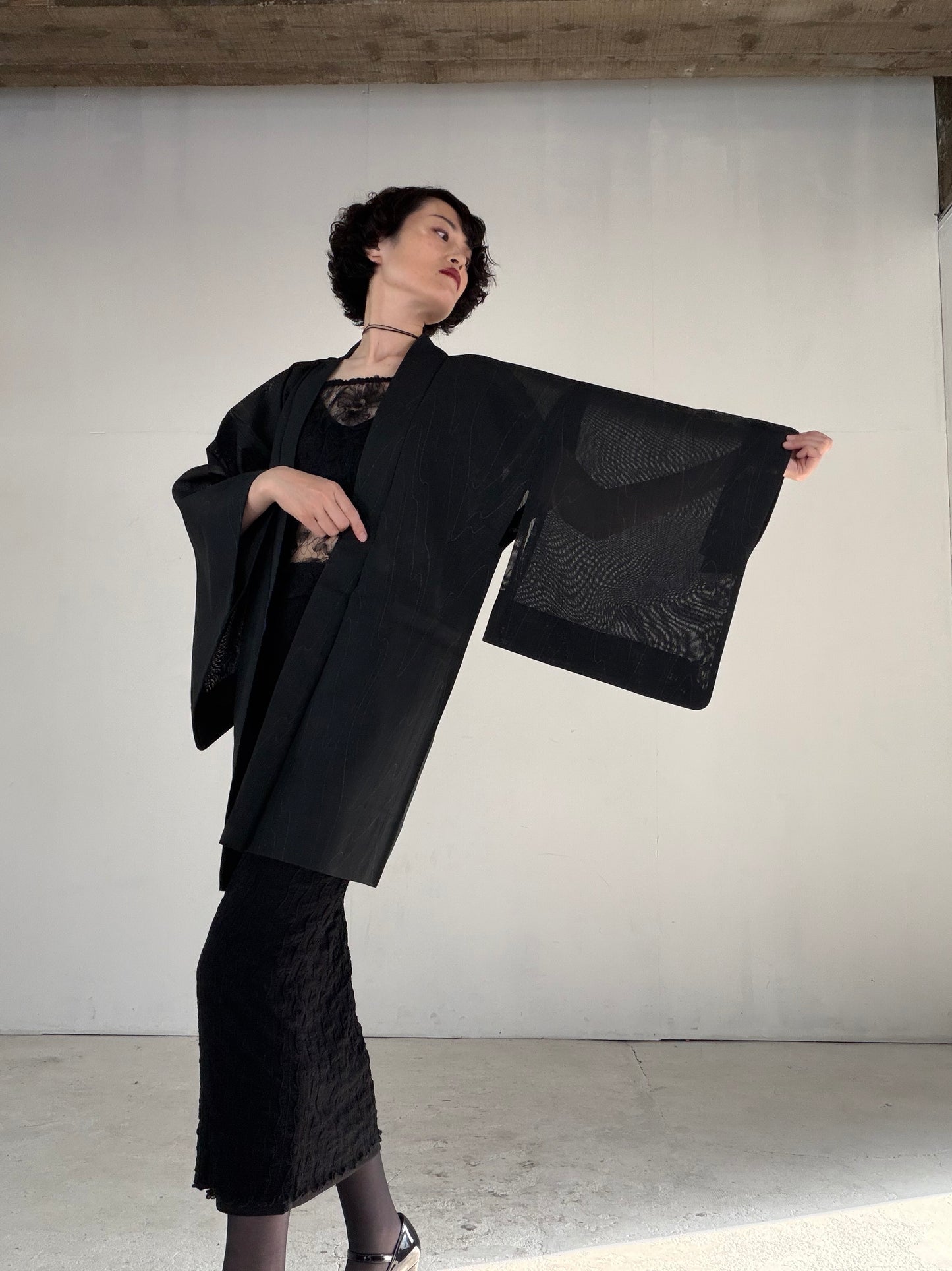 VINTAGE BLACK HAORI SHEER “sha, glitter, suminagashi, SHH046"