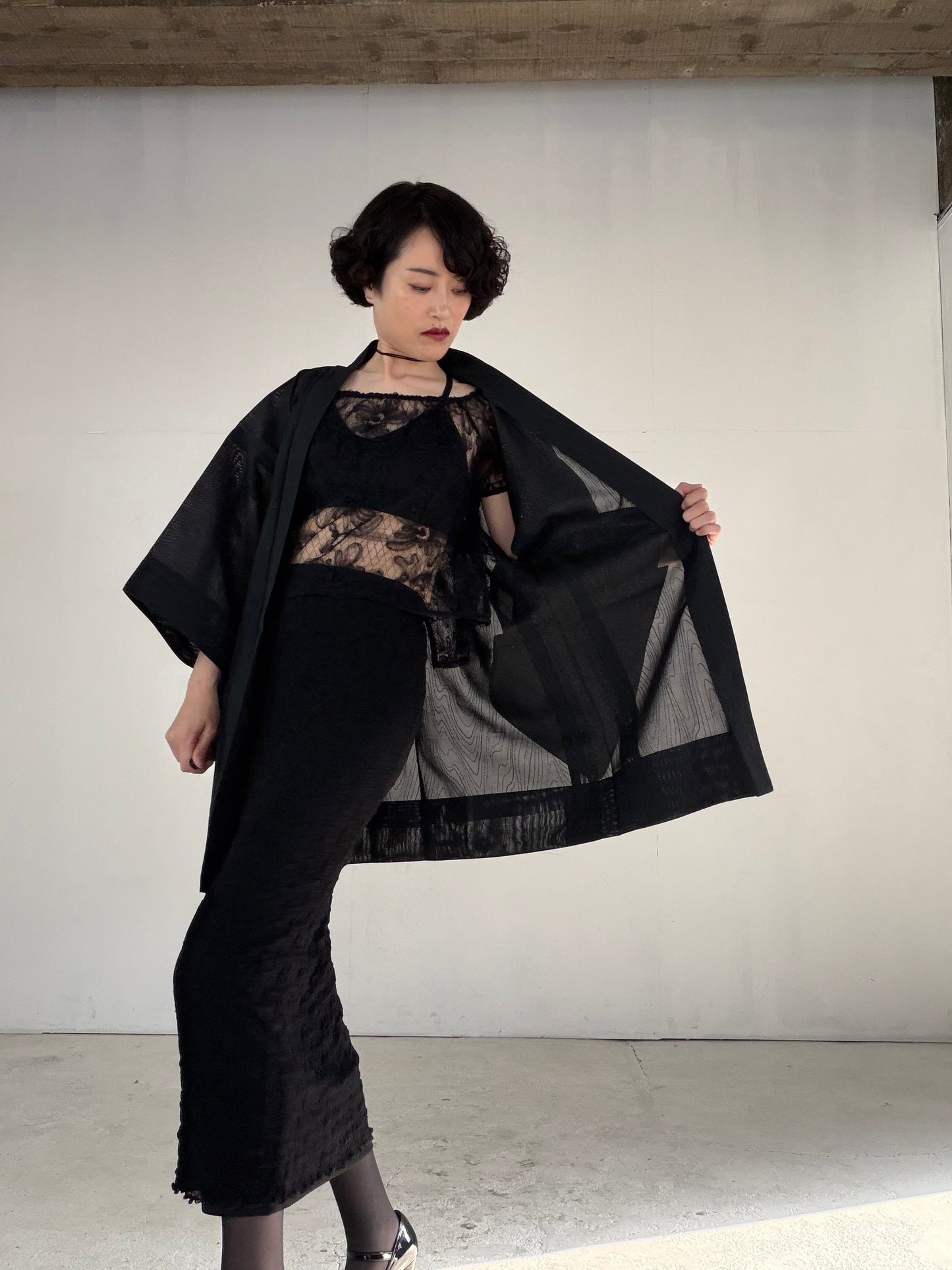 VINTAGE BLACK HAORI SHEER “sha, glitter, suminagashi, SHH046"