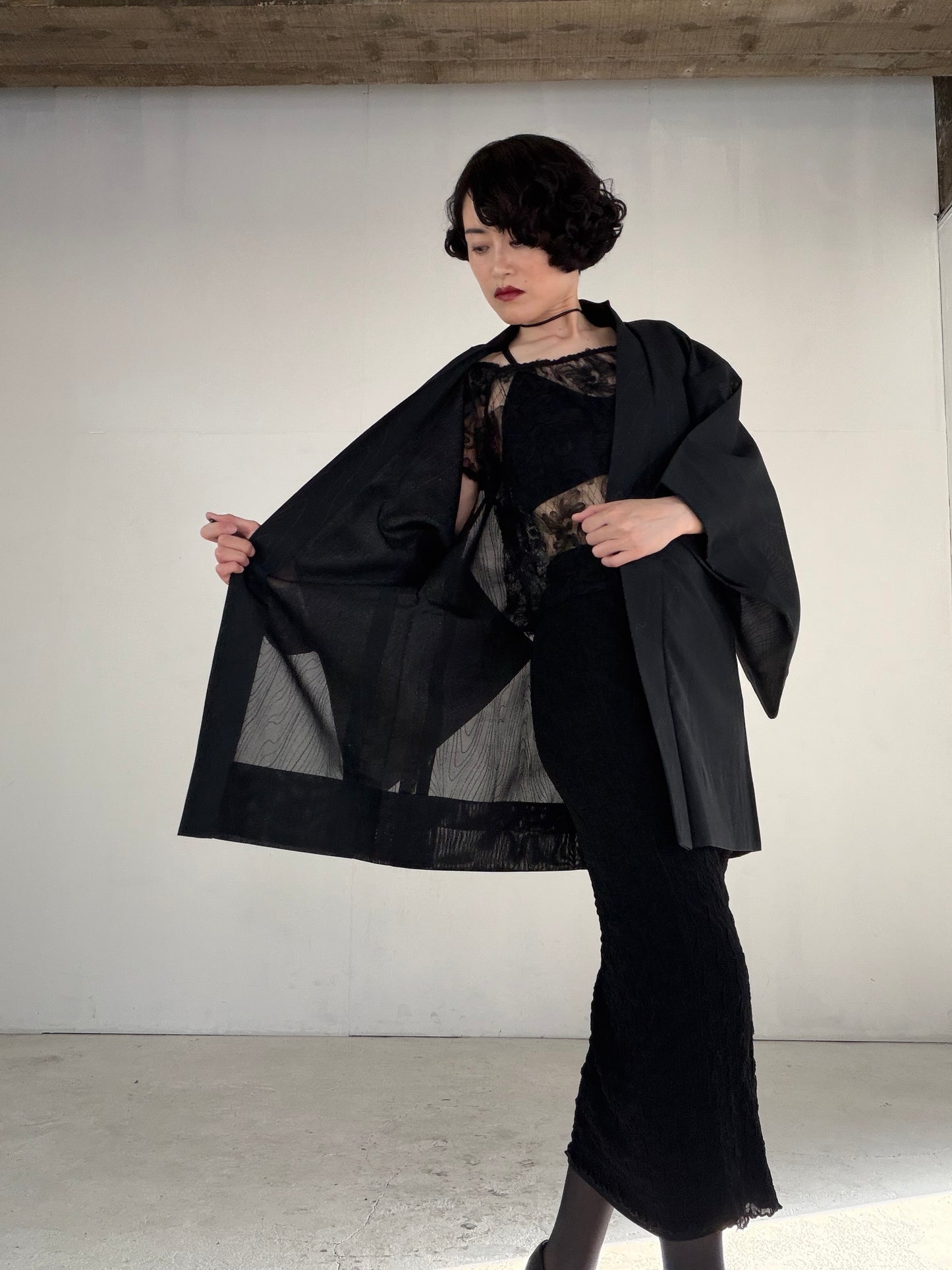 VINTAGE BLACK HAORI SHEER “sha, glitter, suminagashi, SHH046"