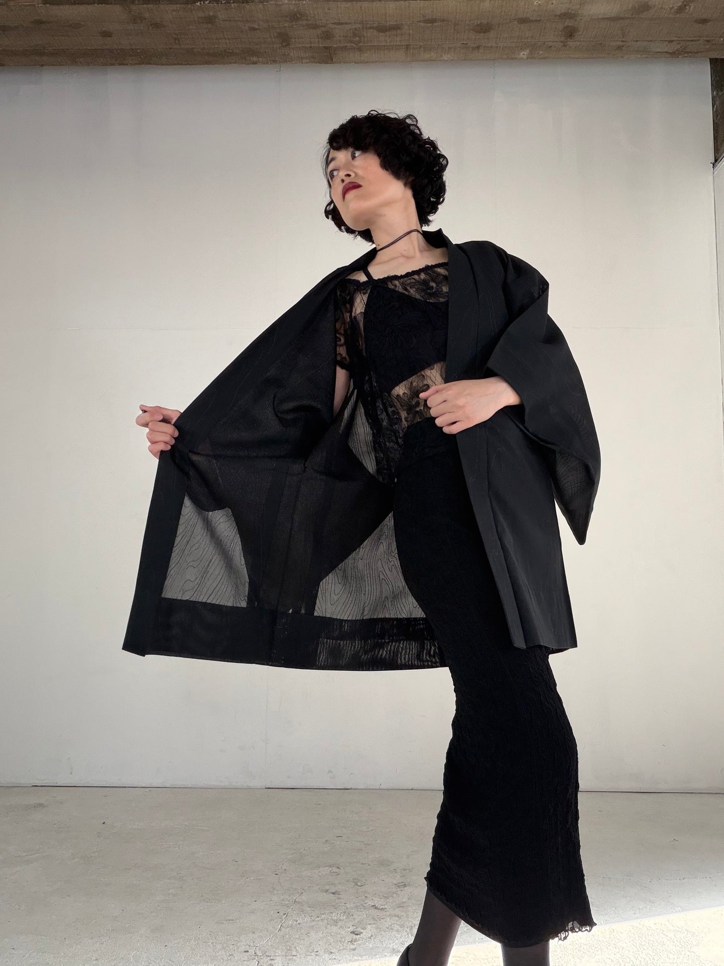VINTAGE BLACK HAORI SHEER “sha, glitter, suminagashi, SHH046"