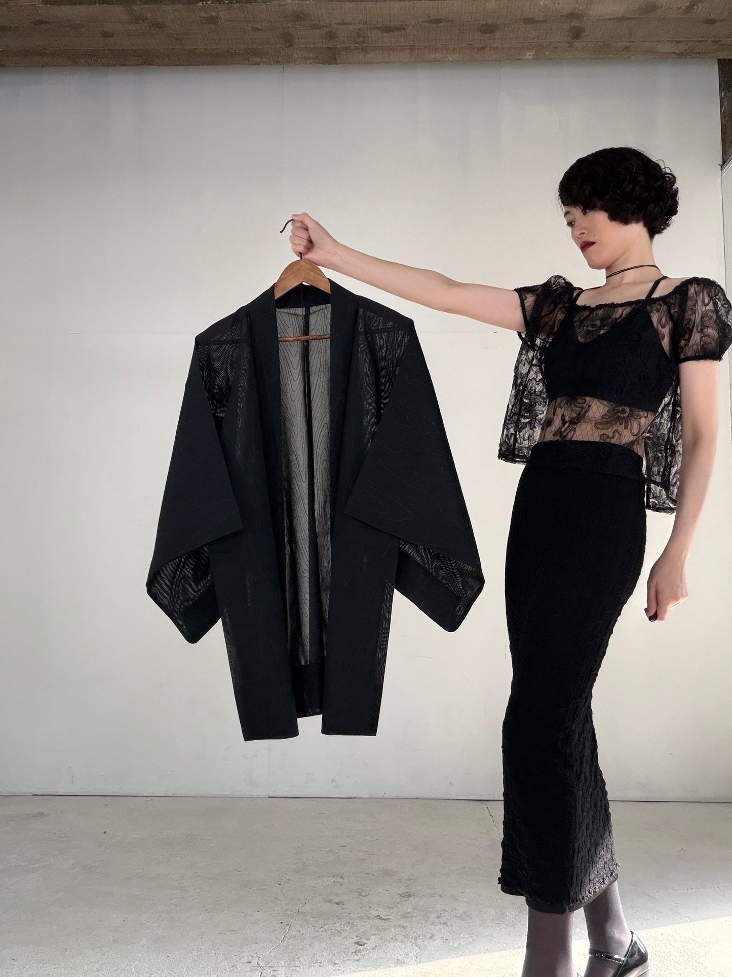 VINTAGE BLACK HAORI SHEER “sha, glitter, suminagashi, SHH046"