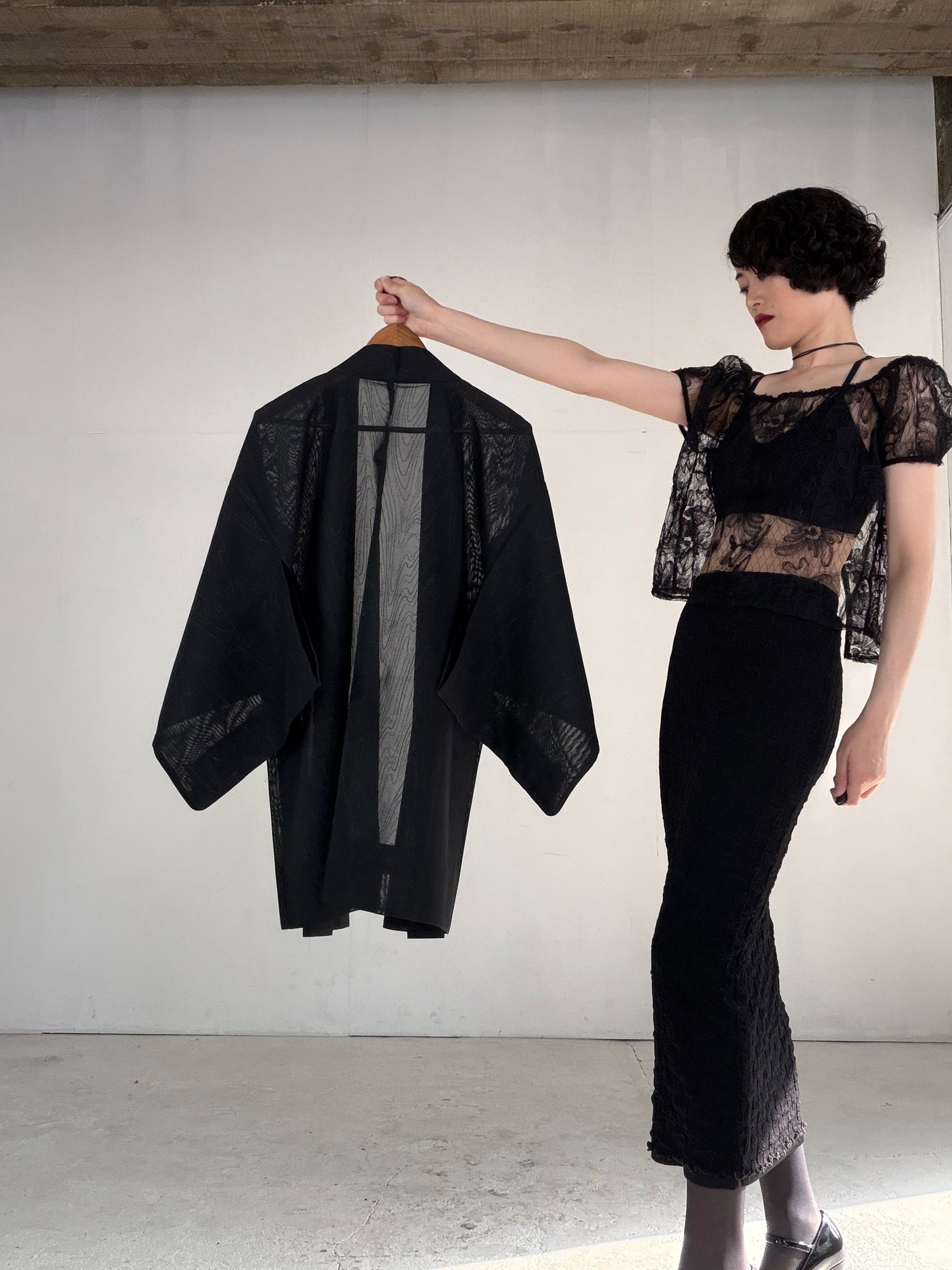 VINTAGE BLACK HAORI SHEER “sha, glitter, suminagashi, SHH046"