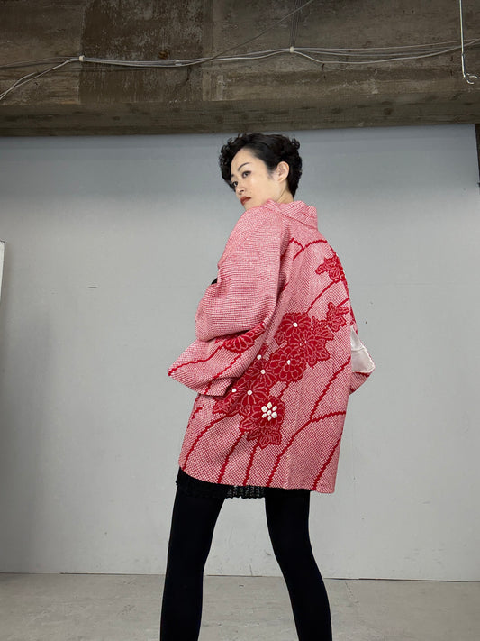 VINTAGE SHIBORI HAORI "red, flower"