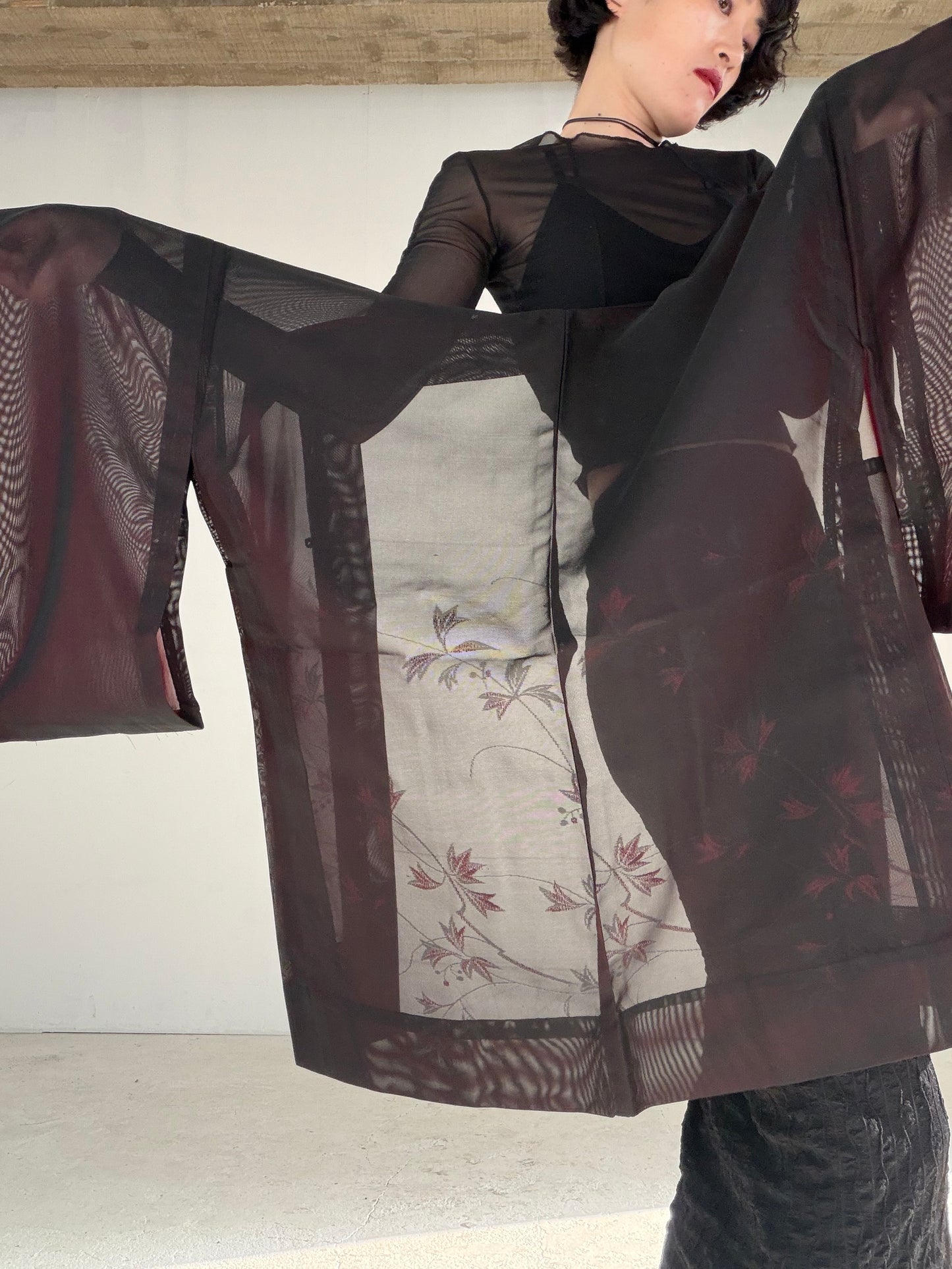 VINTAGE BLACK HAORI SHEER “sha, inside-red, vines, SHH040" *damage