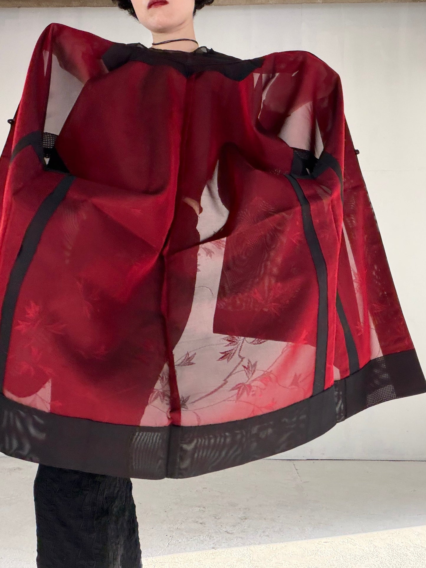 VINTAGE BLACK HAORI SHEER “sha, inside-red, vines, SHH040" *damage
