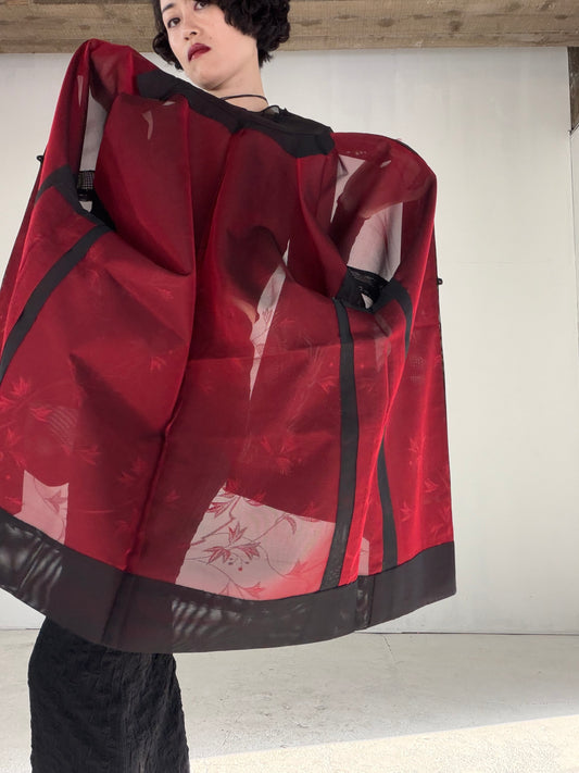 VINTAGE BLACK HAORI SHEER “sha, inside-red, vines, SHH040" *damage