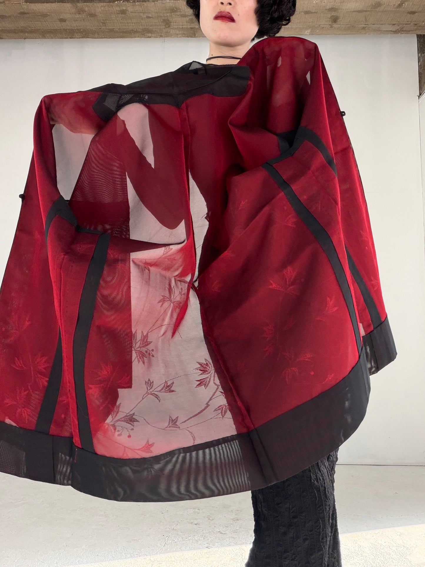 VINTAGE BLACK HAORI SHEER “sha, inside-red, vines, SHH040" *damage