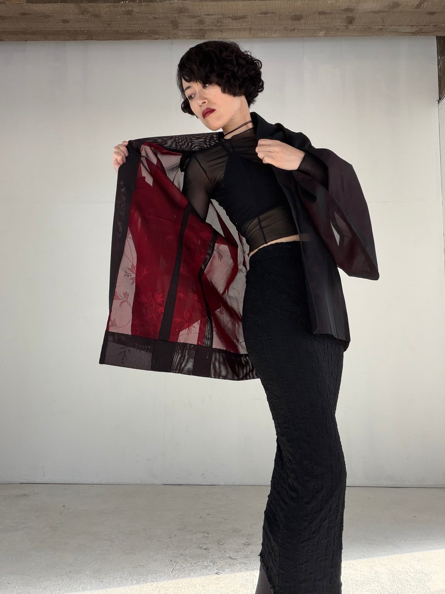 VINTAGE BLACK HAORI SHEER “sha, inside-red, vines, SHH040" *damage