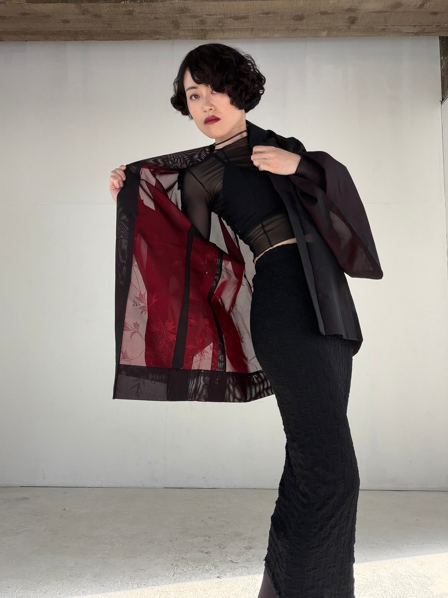 VINTAGE BLACK HAORI SHEER “sha, inside-red, vines, SHH040" *damage